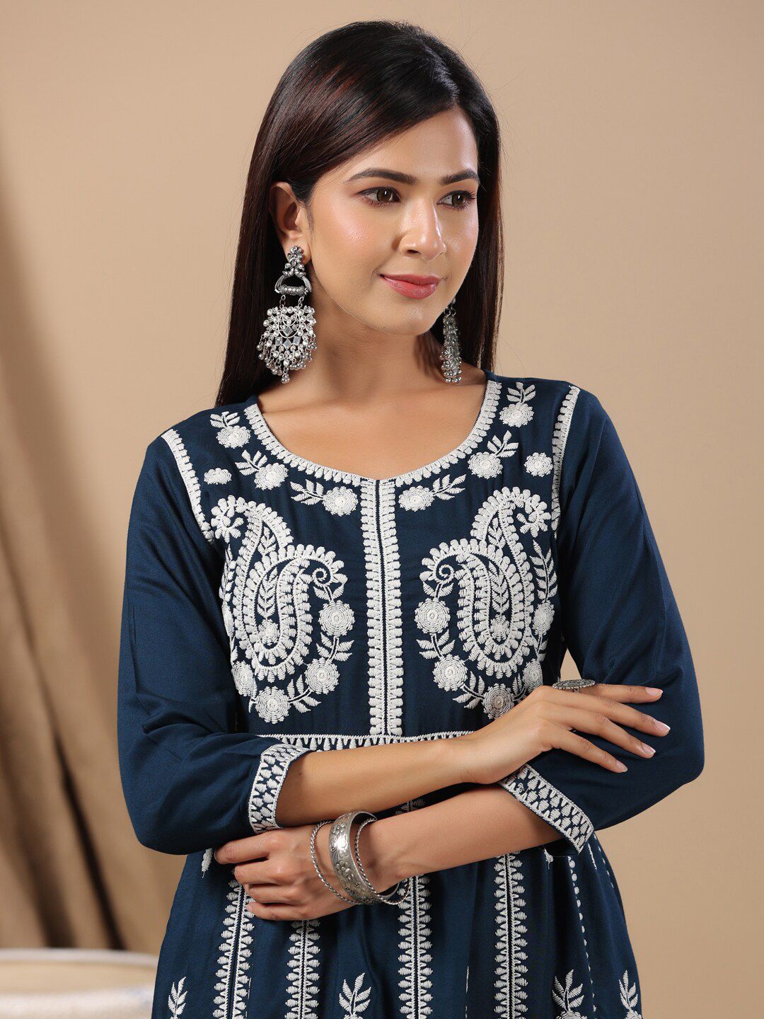 Dhiyona IS Women's Ethnic Motifs Embroidered Thread Work Anarkali Kurta With Trousers