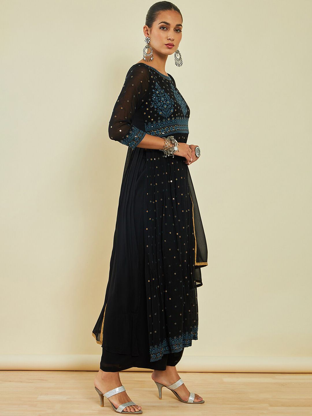 Dhiyona SO Women's Ethnic Motifs Embroidered Sequinned A-line Kurta with Trousers & With Dupatta