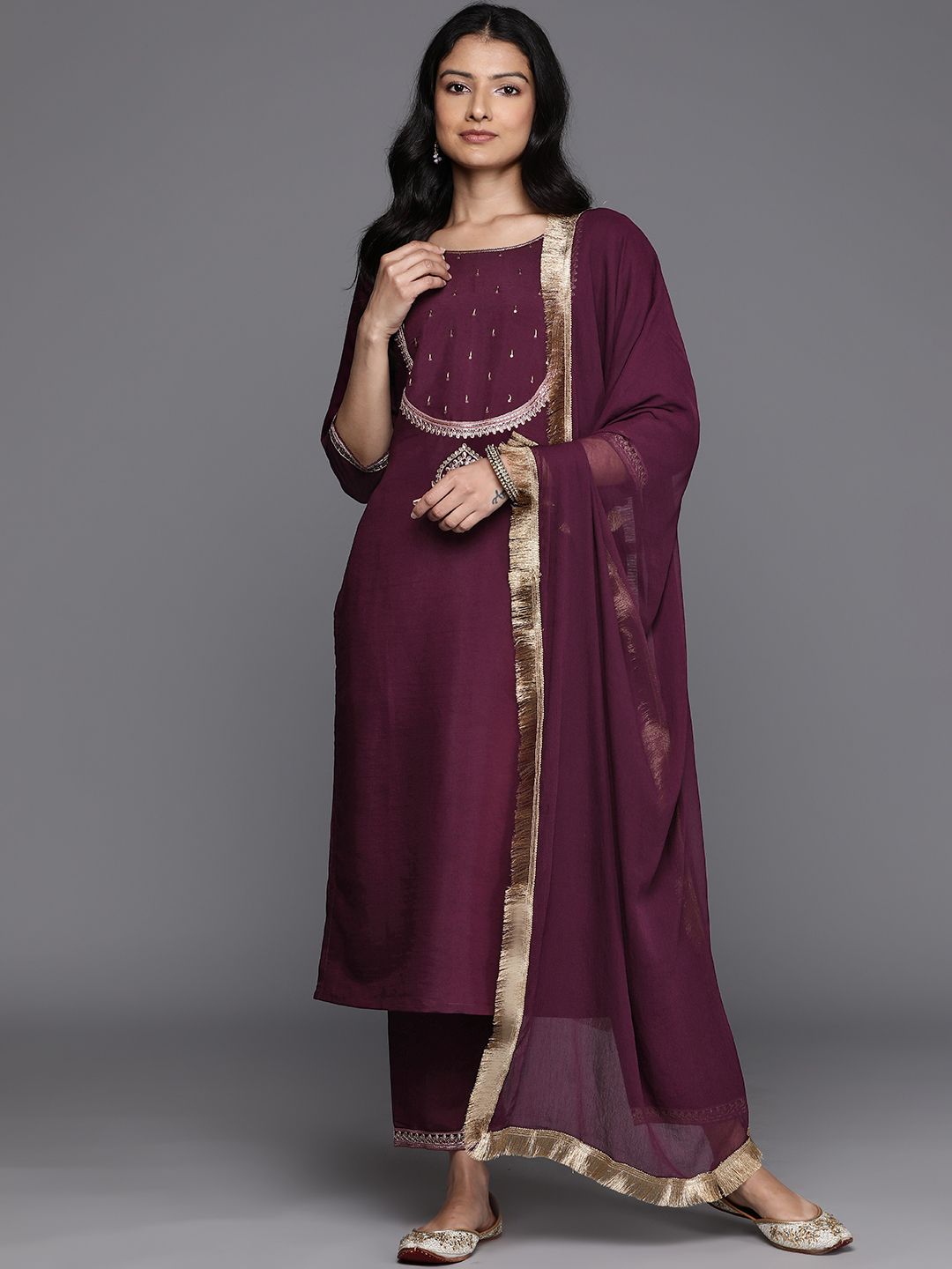 Dhiyona VA Women'sEthnic Motifs Embroidered Kurta With Trousers & Dupatta