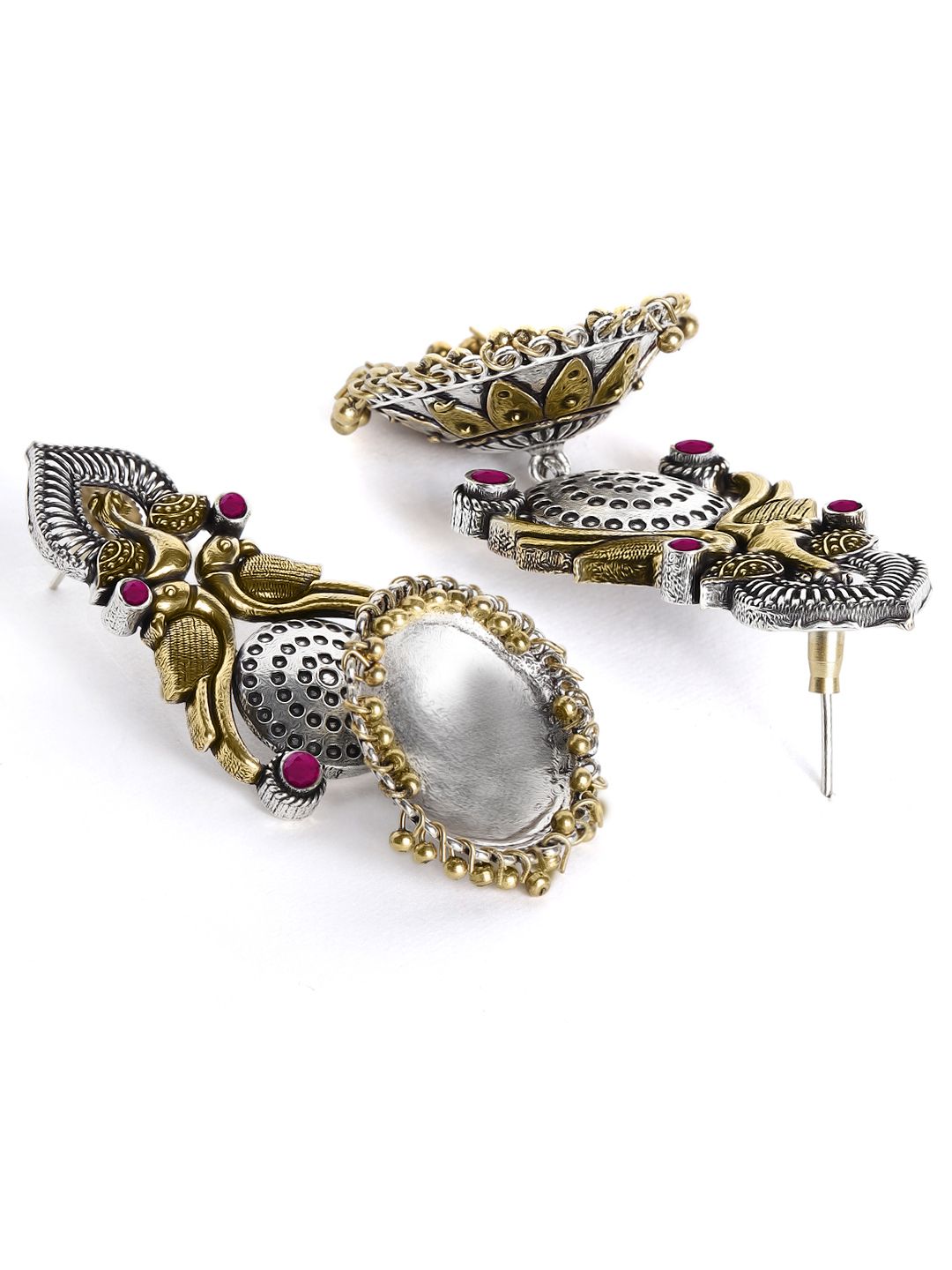 Dhiyona RJ Women's Oxidised Silver Plated Dual Tone Gold and Silver Pink Stone Peacock Jhumka Earrings