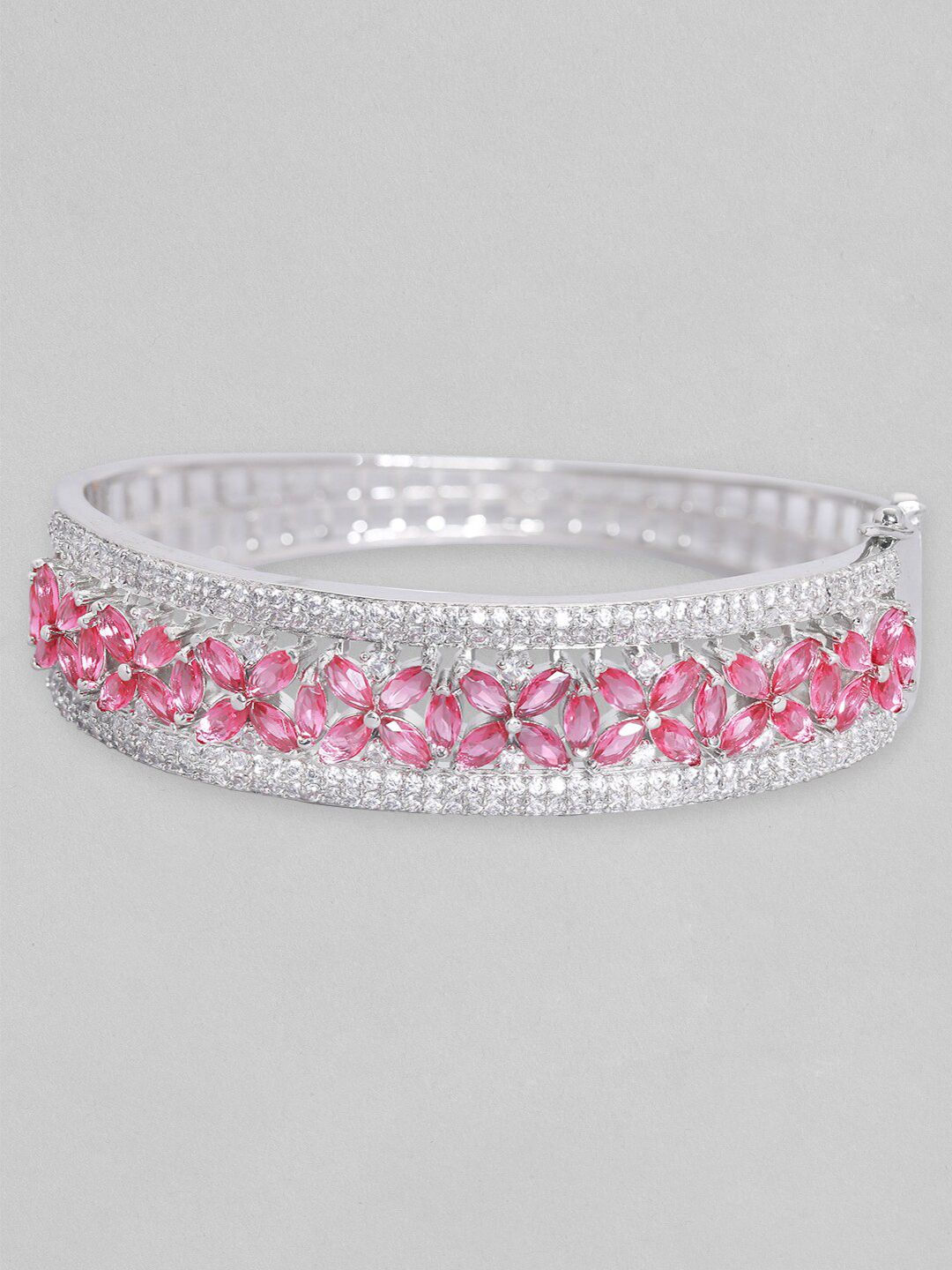 Dhiyona RJ Women's Silver-Plated Ruby Pink & Cubic Zicronia Studded Bangle-Style Bracelet