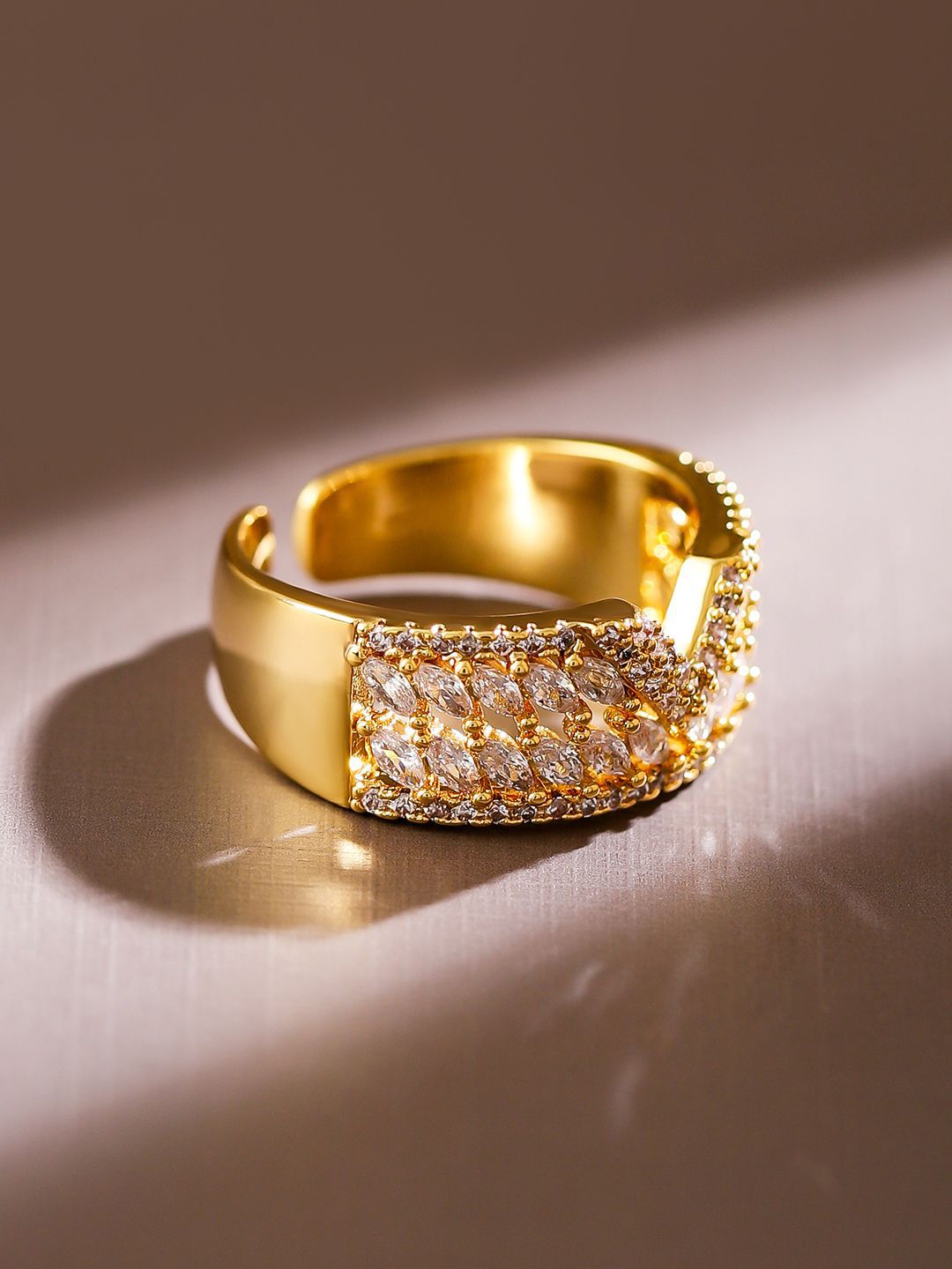 Dhiyona RJ Women's 18K Gold Plated Cubic Zirconia Studded V Cut Crown Design Adjustable Ring