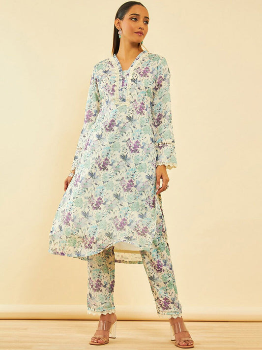 Dhiyona SO Women's Floral Printed Long Sleeves Straight Kurta With Trouser