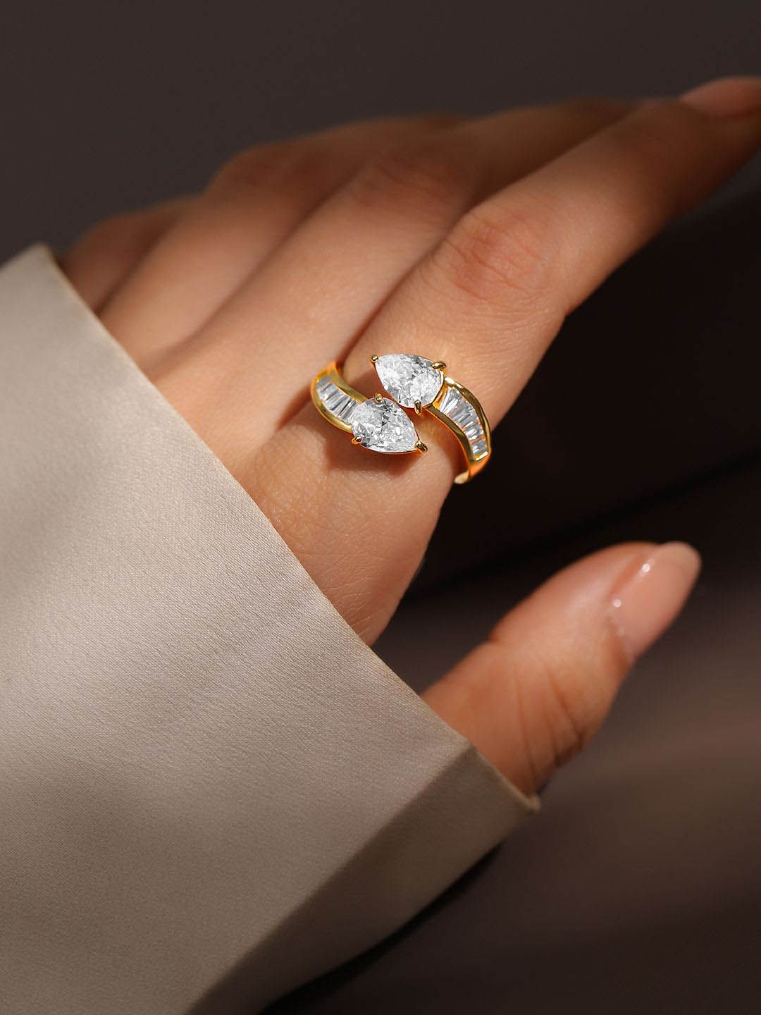 Dhiyona RJ Women's 18K Gold Plated Pear Cut Cubic Zirconia Studded Openable Adjustable Ring