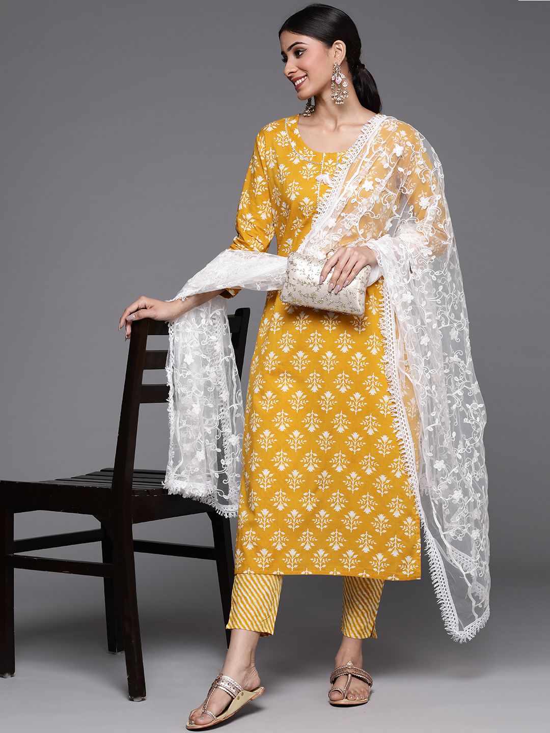 Dhiyona VA Women's Mustard Yellow Ethnic Motifs Printed Sequinned Pure Cotton Kurta with Trousers & With Dupatta