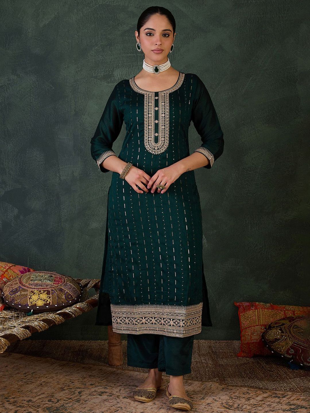 Women Ethnic Motifs Regular Sequinned Kurta with Trousers & With Dupatta