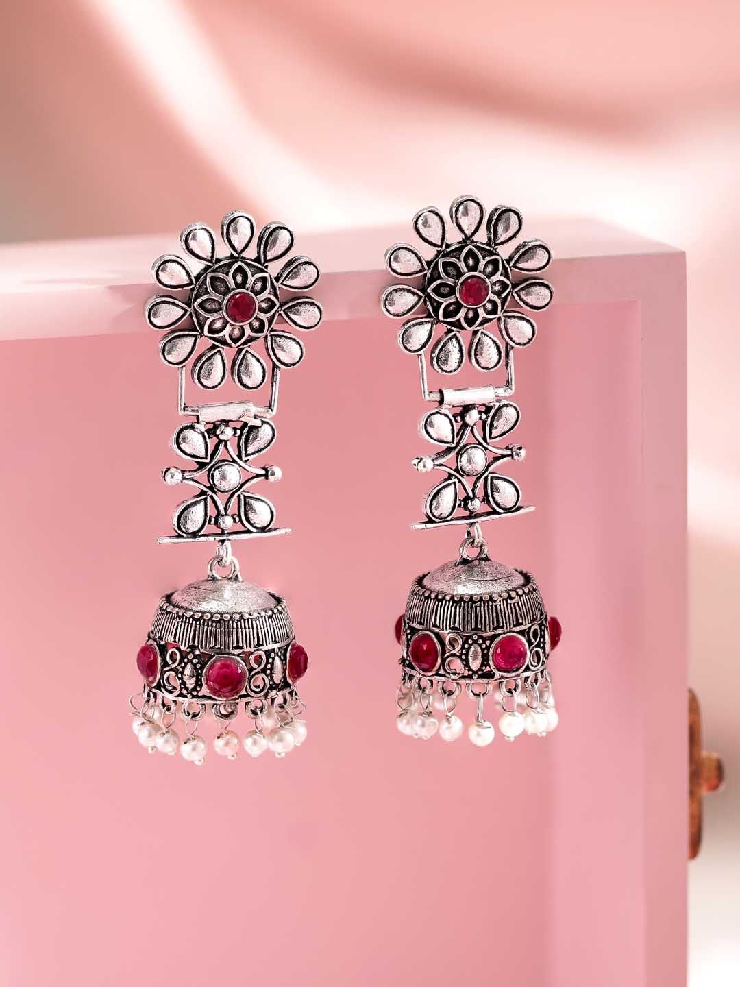 Dhiyona RJ Women's Oxidised Silver-Plated Jhumka Earrings with Ruby Red Stones and White Pearl Beads
