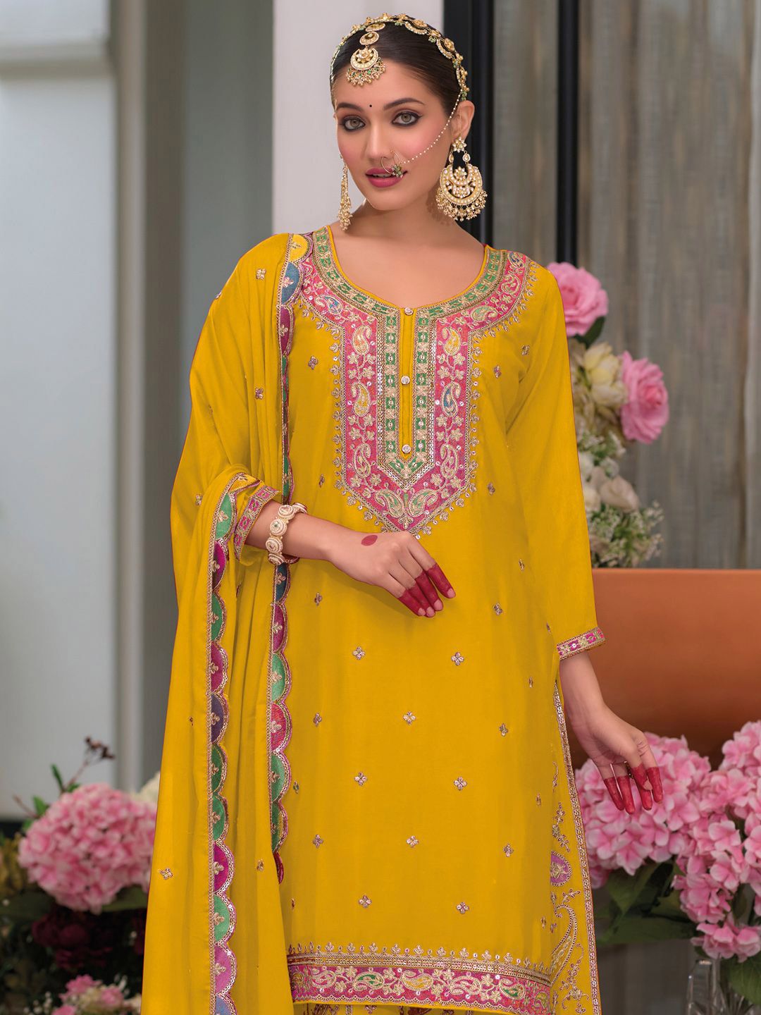 Dhiyona IE Ethnic Motifs Embroidered Round Neck Zari Straight Kurta With Palazzos & Dupatta