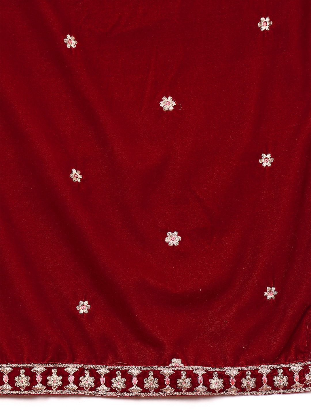Dhiyona VA Women'sMaroon Floral Yoke Design Sequinned Velvet Straight Kurta with Trousers & Dupatta