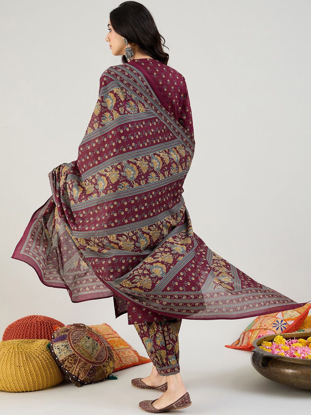 Dhiyona IE Burgundy Floral Printed Mandarin Collar Pure Cotton Kurta with Salwar & Dupatta