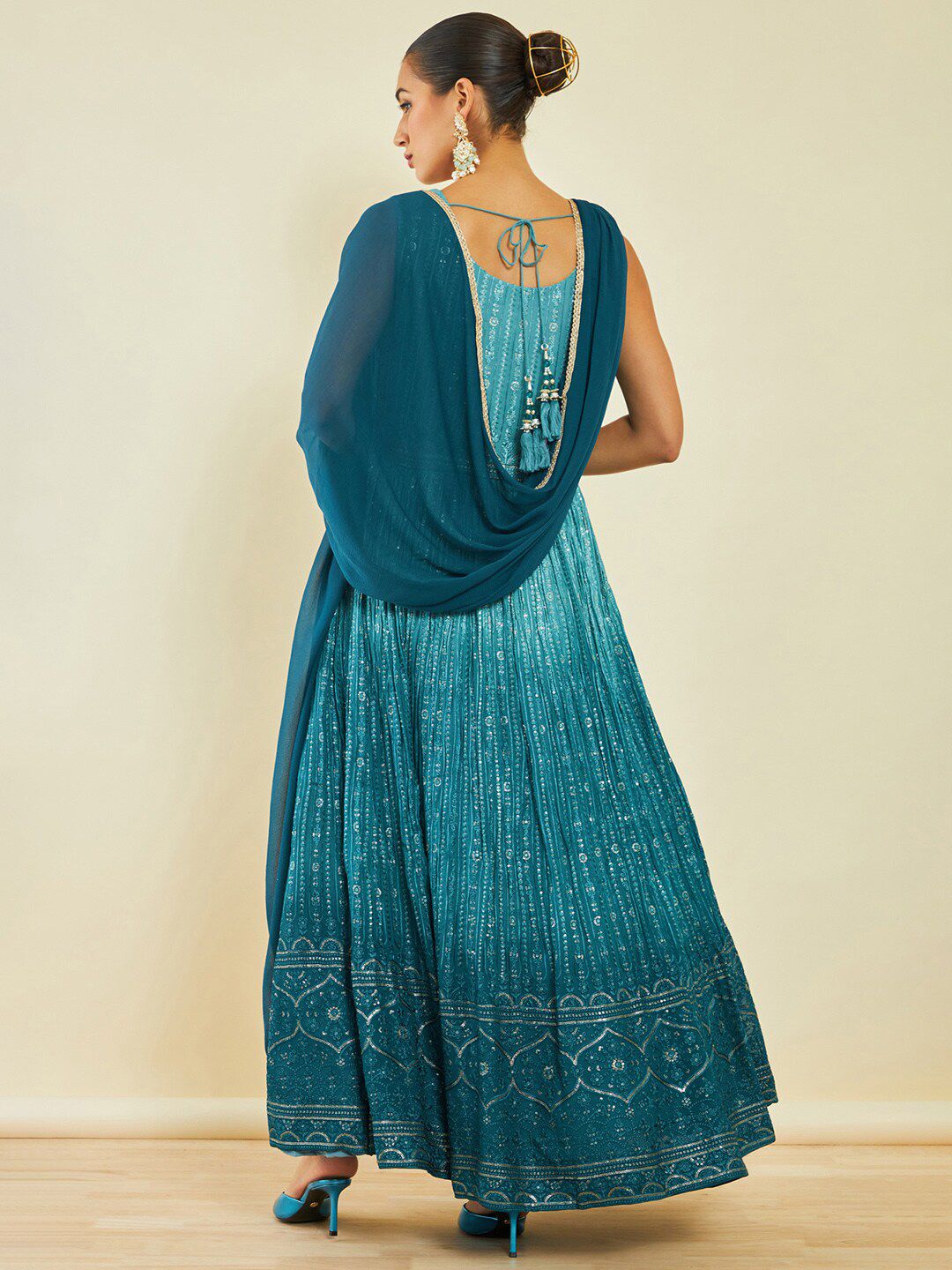 Dhiyona SO Women's Turquoise Blue Floral Embroidered Sequinned Anarkali Kurta With Churidar & Dupatta