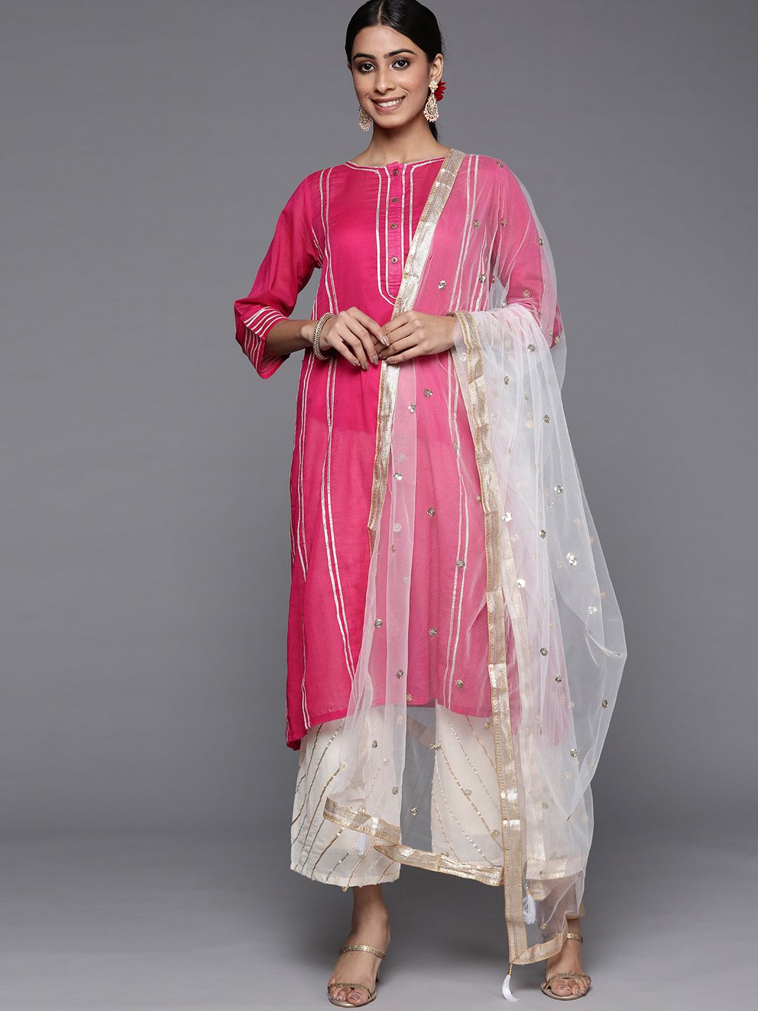 Dhiyona VA Women's Pink Yoke Design Pleated Gotta Patti Cotton Kurta with Palazzos & Dupatta