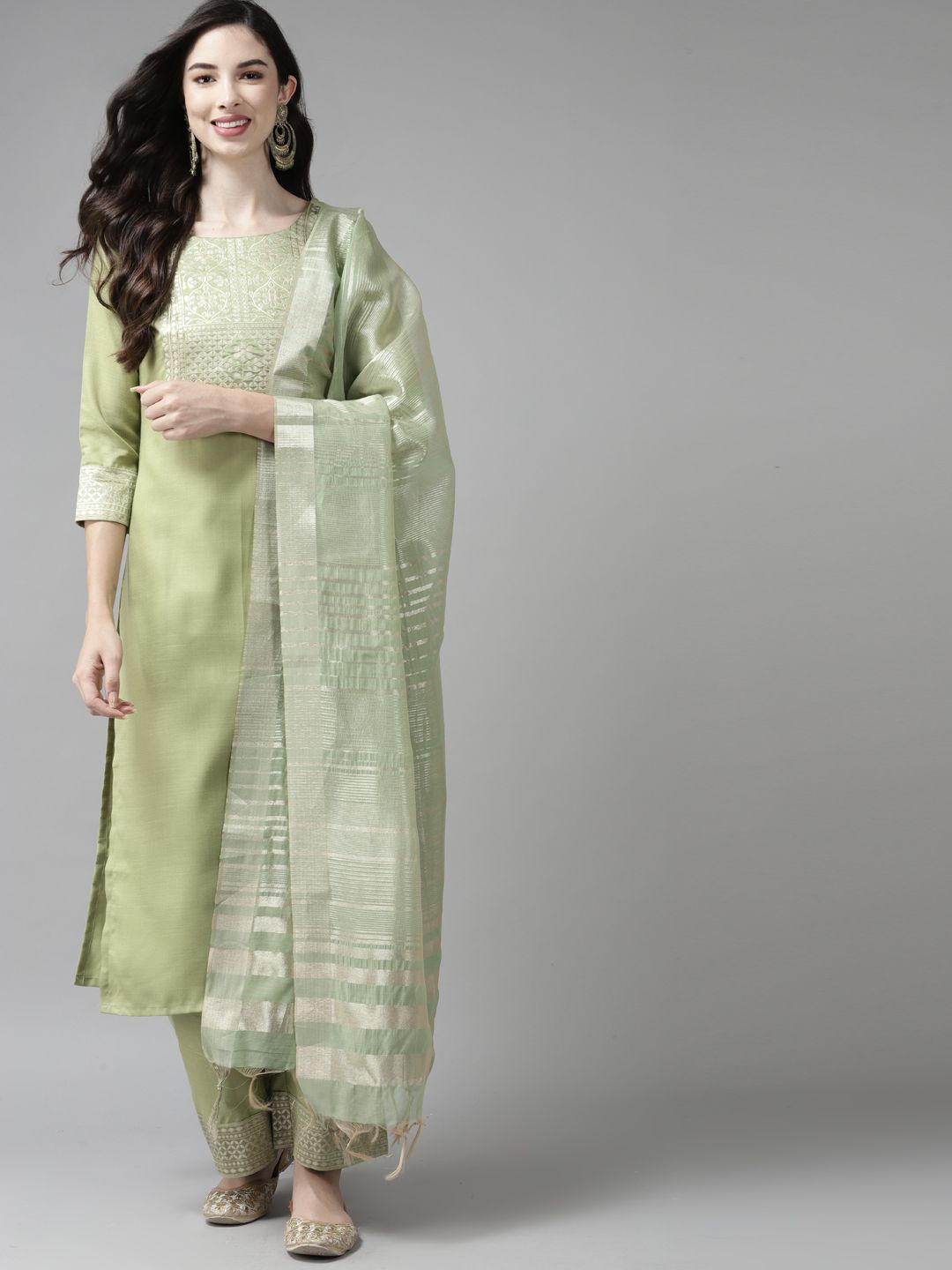 Dhiyona IE Women Green Yoke Design Regular Kurta with Palazzos & Dupatta