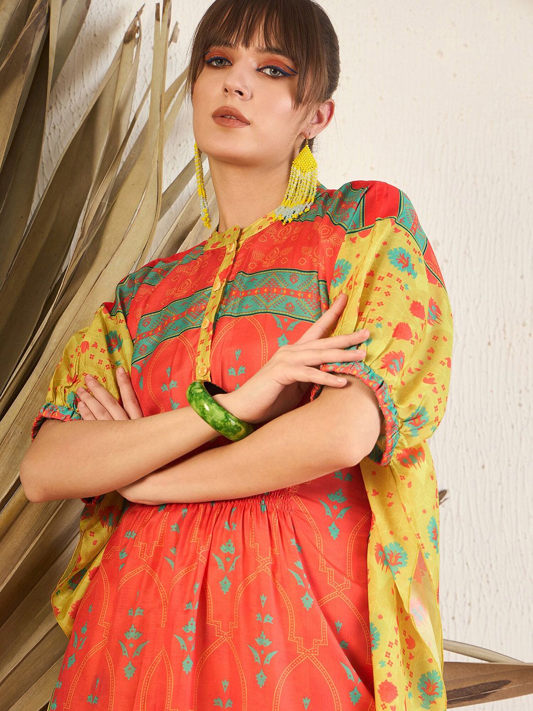 Dhiyona IE Orange Floral Printed Flared Kaftan Kurta with Trouser