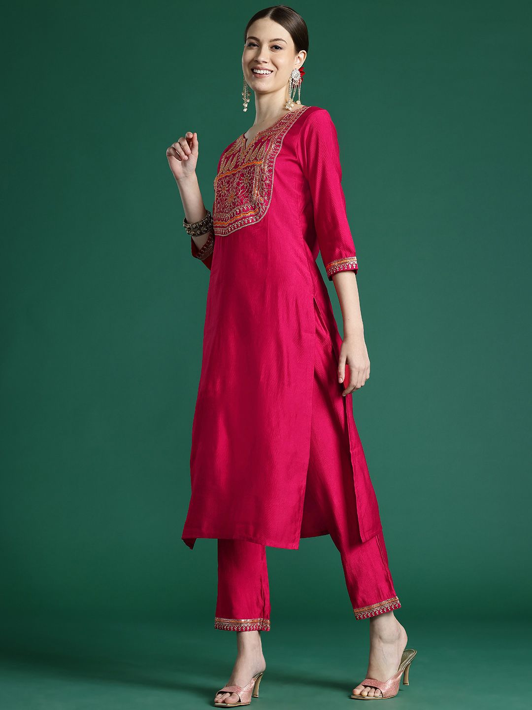 Dhiyona IE Women Ethnic Motifs Embroidered Regular Sequinned Liva Kurta with Trousers & With Dupatta