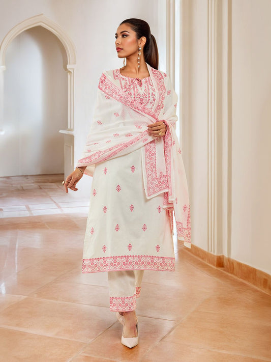 Dhiyona SO Women's White & Pink Floral Printed Pure Cotton Straight Kurta With Trousers & Dupatta