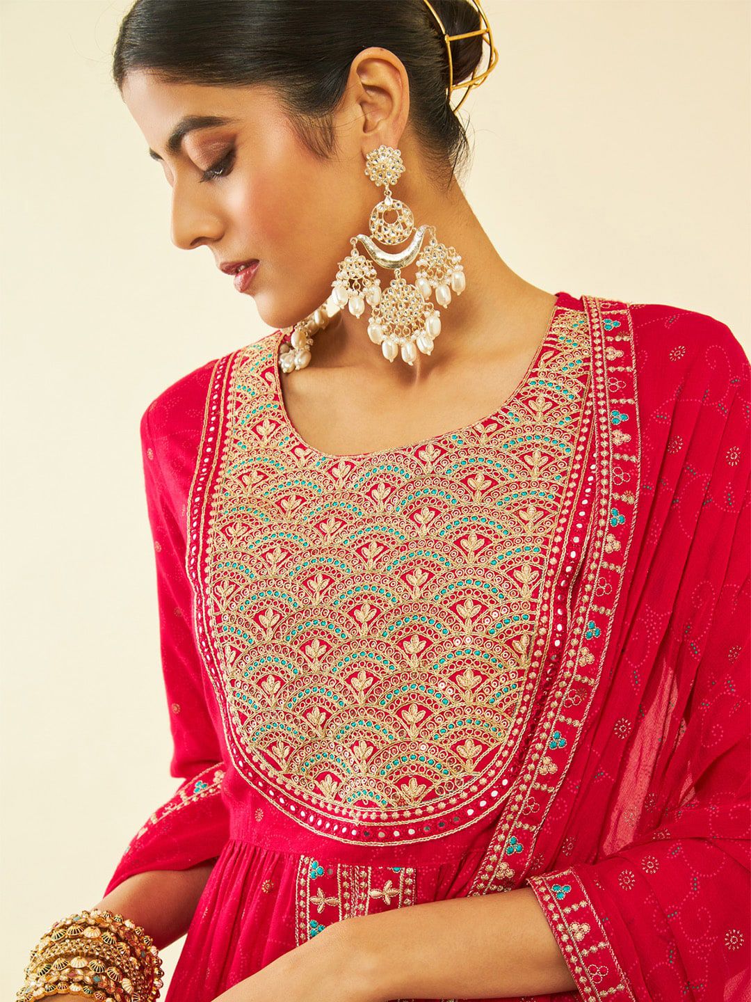 Dhiyona SO Women's Alina Cut Fuchsia Ethnic Motifs Embroidered Pleated Sequinned Kurta With Trousers & Dupatta