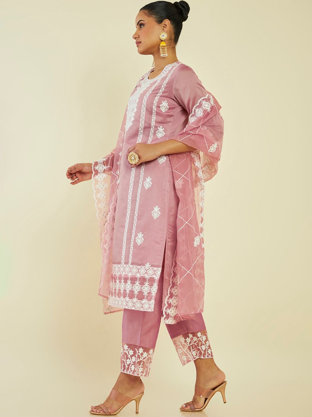 Dhiyona SO Women's Ethnic Motifs Embroidered Panelled Chanderi Silk Kurta with Palazzos & Dupatta