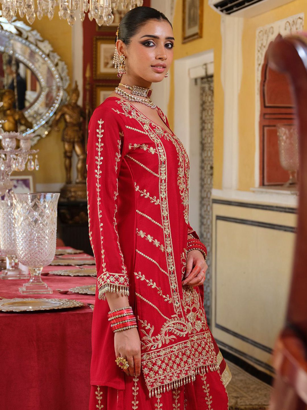 Adults-Women Woven Design Embroidered Kurta with Palazzos & Dupatta