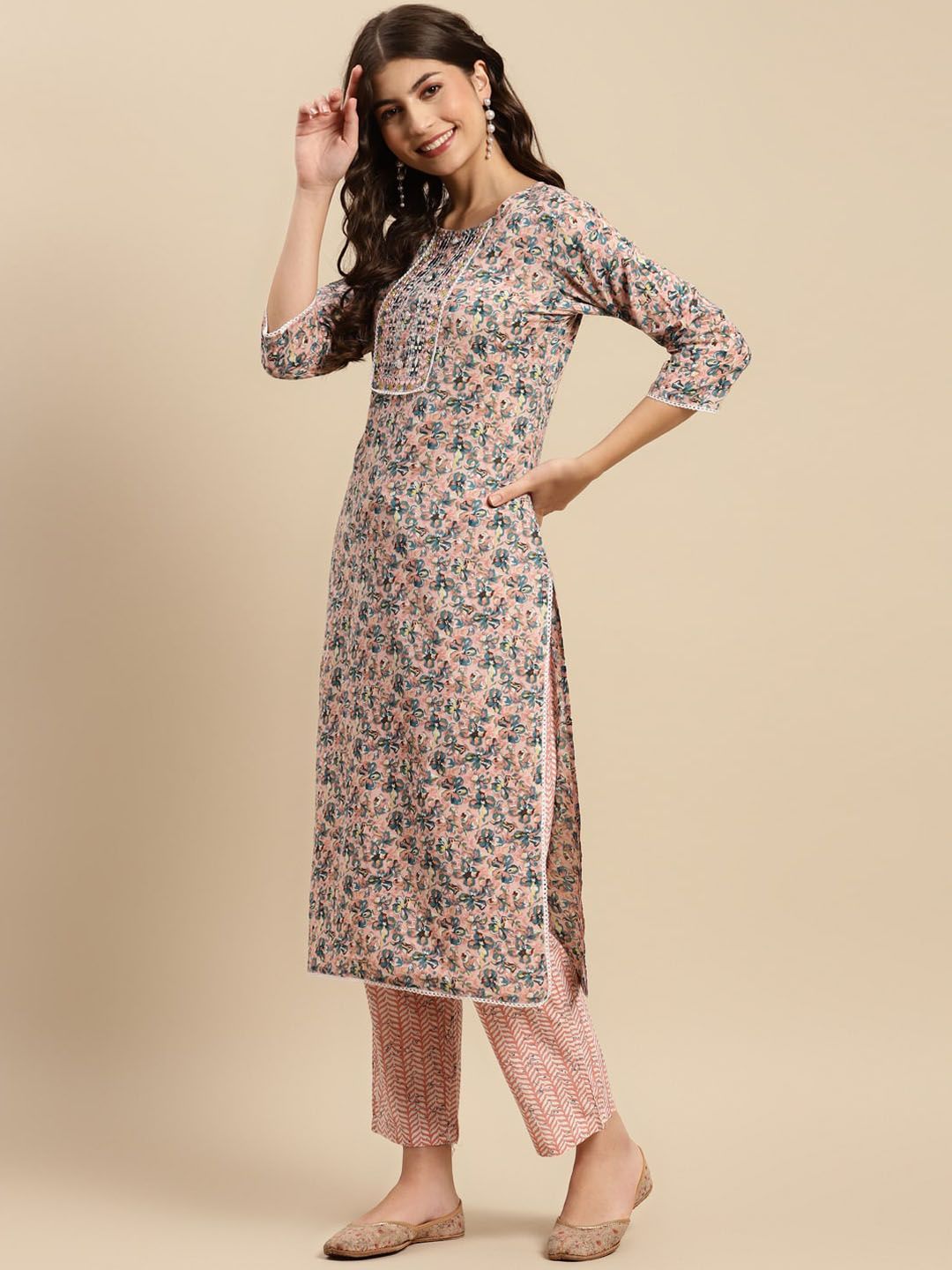 Dhiyona SN Women's Peach & Blue Floral-Printed Pure-Cotton Straight Kurta With Trouser & Dupatta