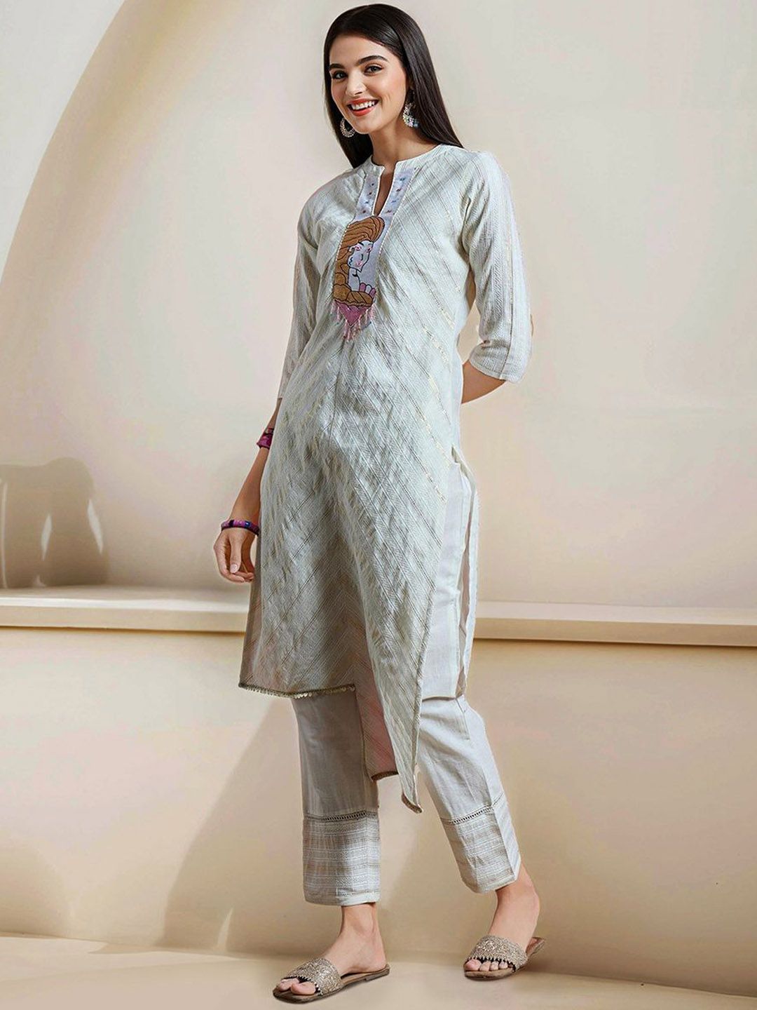 Dhiyona IS Women's Striped Yoke Design Mandarin Collar Pure Cotton Straight Kurta With Trousers