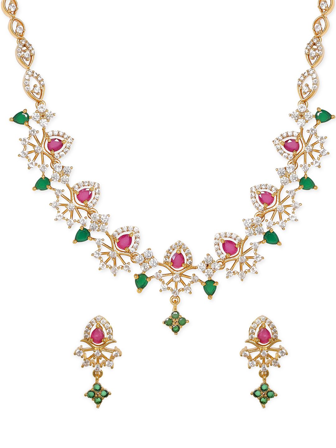 Dhiyona RJ Women's Gold-Plated CZ and Ruby & Emerald Studded Necklace Set