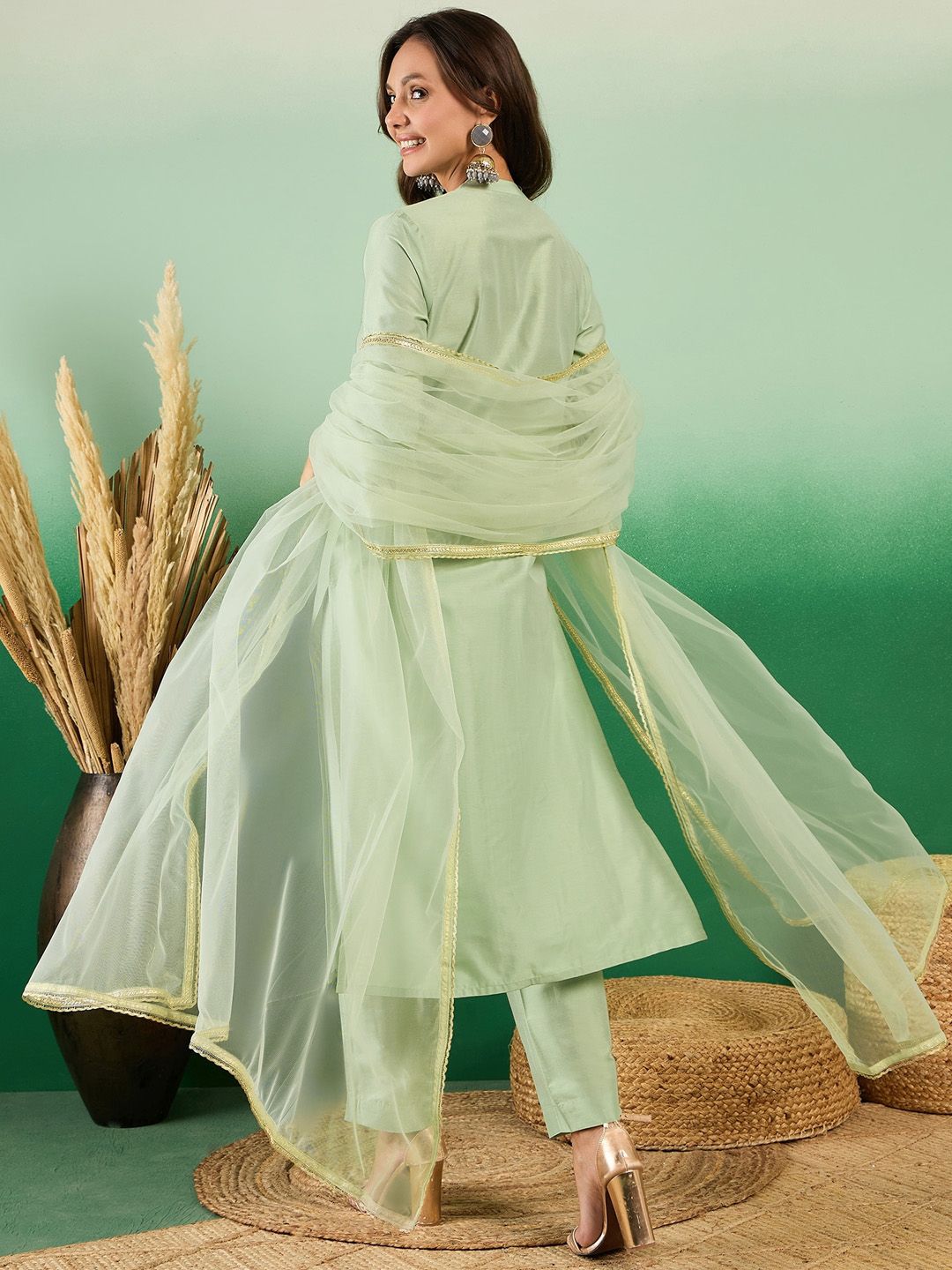 Dhiyona SN Women's Pure Cotton Band Collar Kurta With Trousers & Dupatta