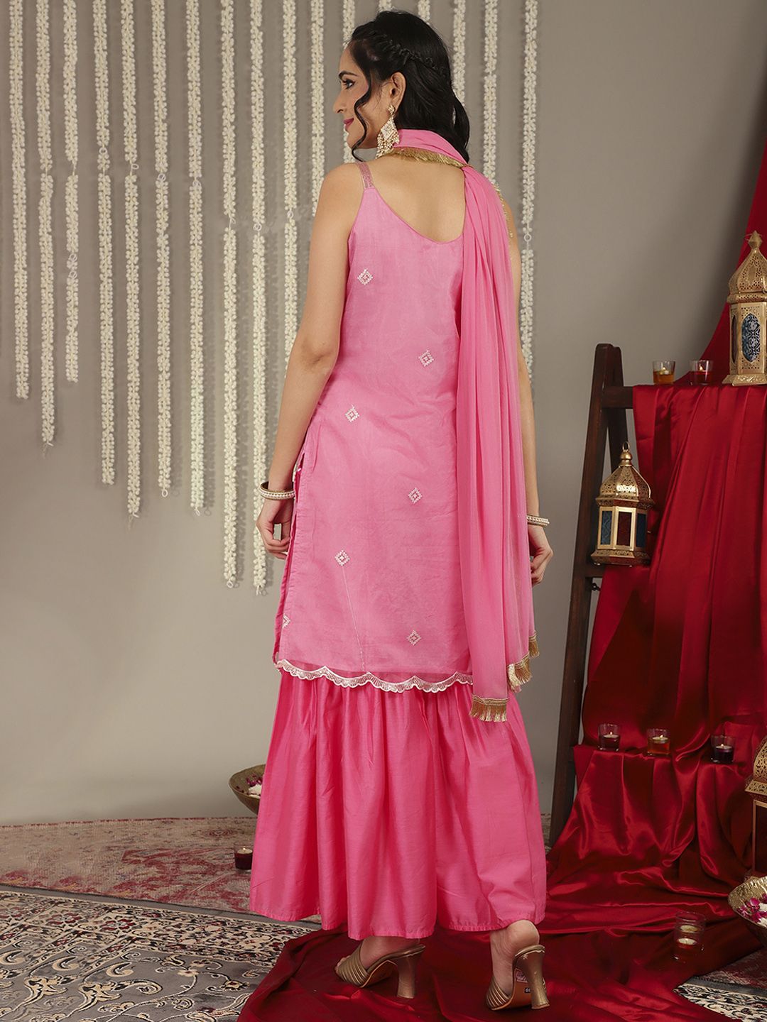 Dhiyona VA Women's Pink Embroidered Sequinned Kurta with Sharara & Dupatta