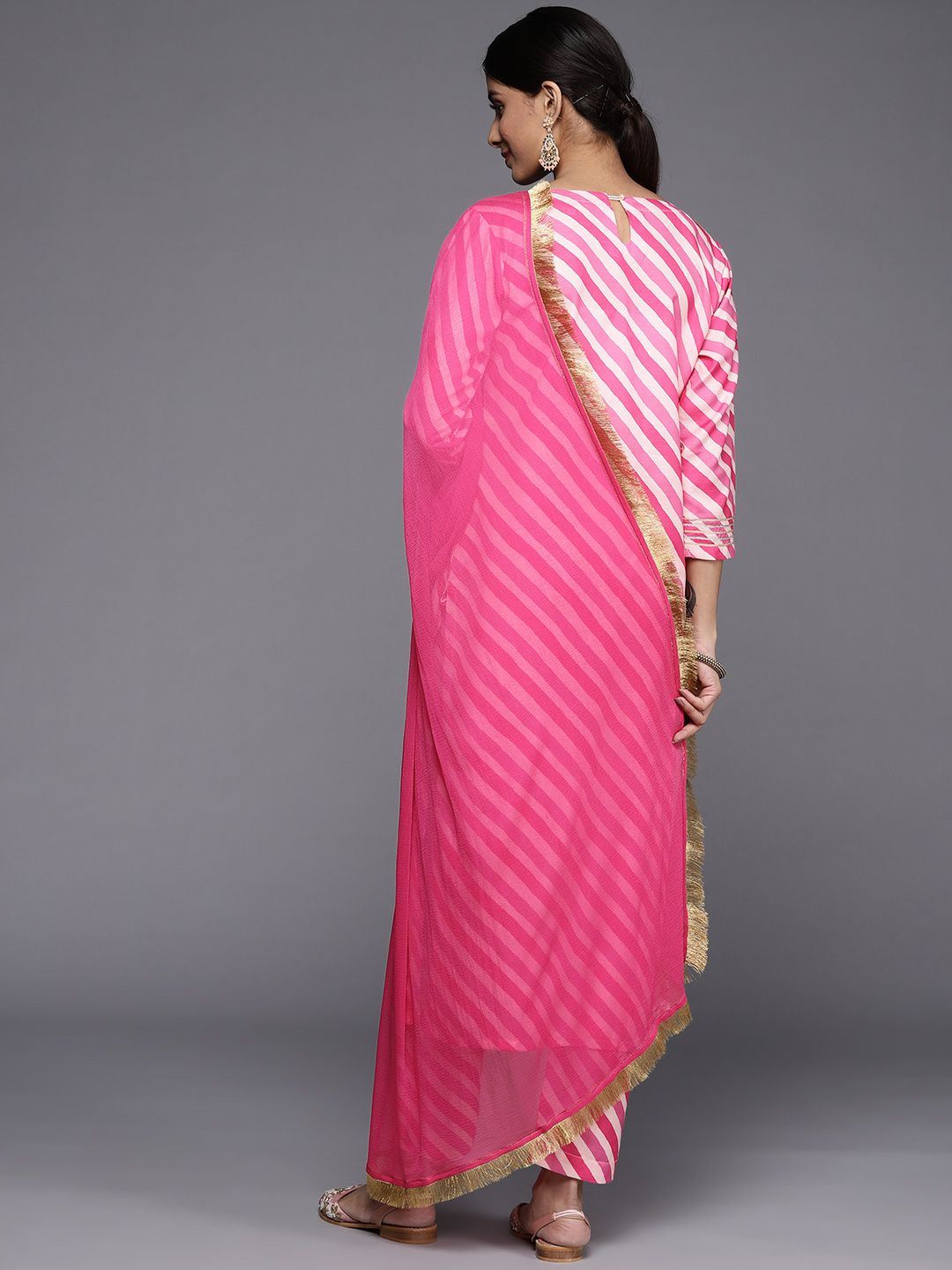 Dhiyona VA Women's Fuchsia Striped Gotta Patti Kurta with Trousers & With Dupatta