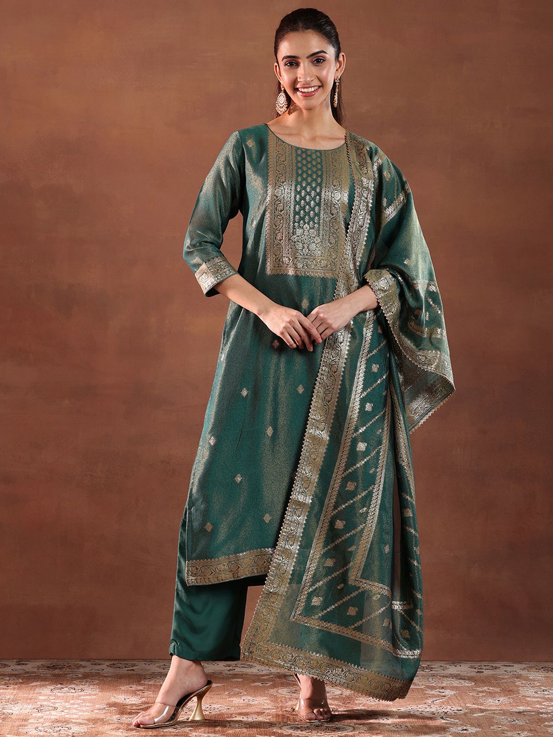 Dhiyona LB Women's Green and Gold Ethnic Motifs Woven Design Straight Kurta with Trouser & Dupatta