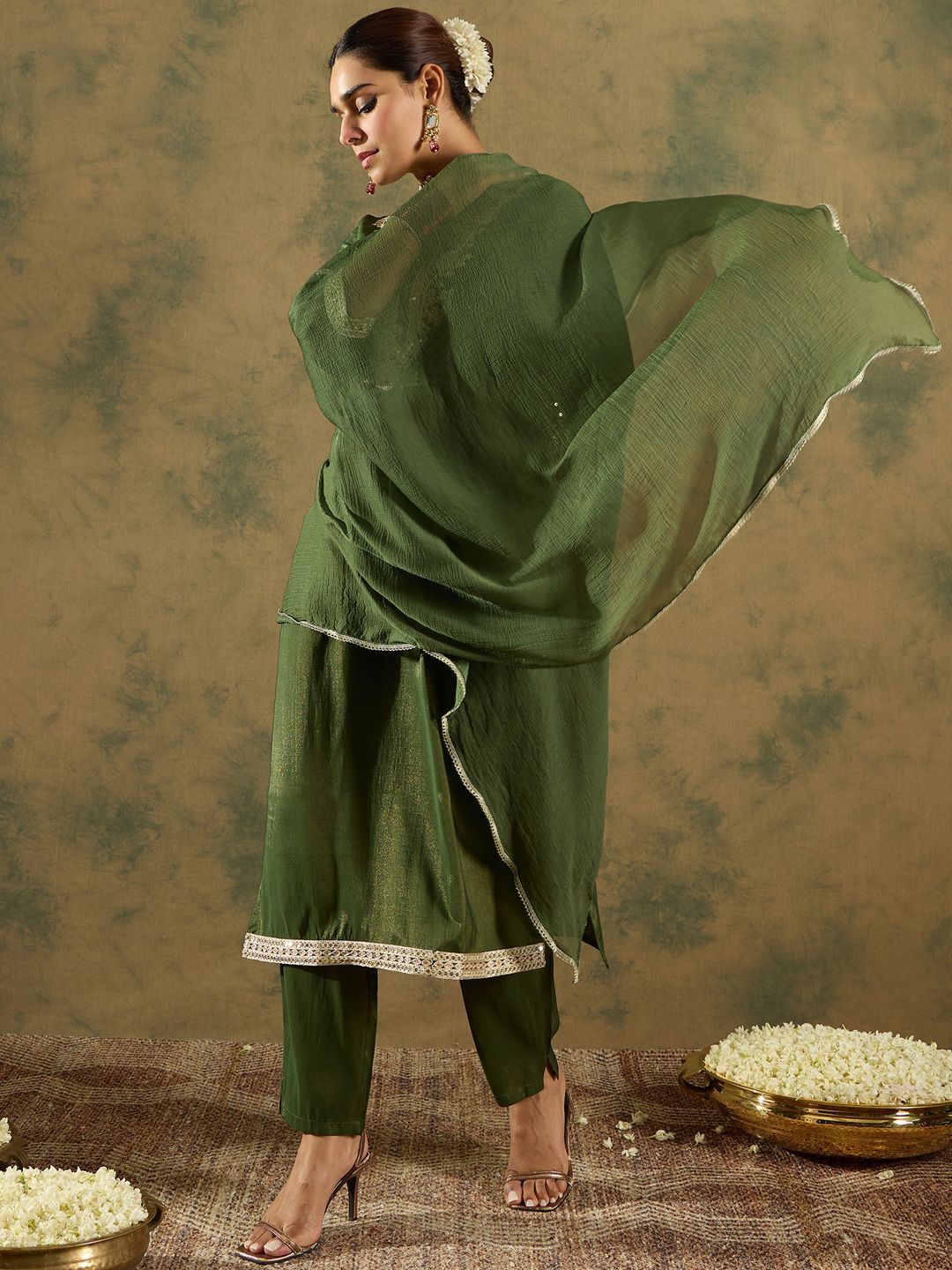 Ethnic Motifs Zari Embroidered Kurta with Trouser & Dupatta