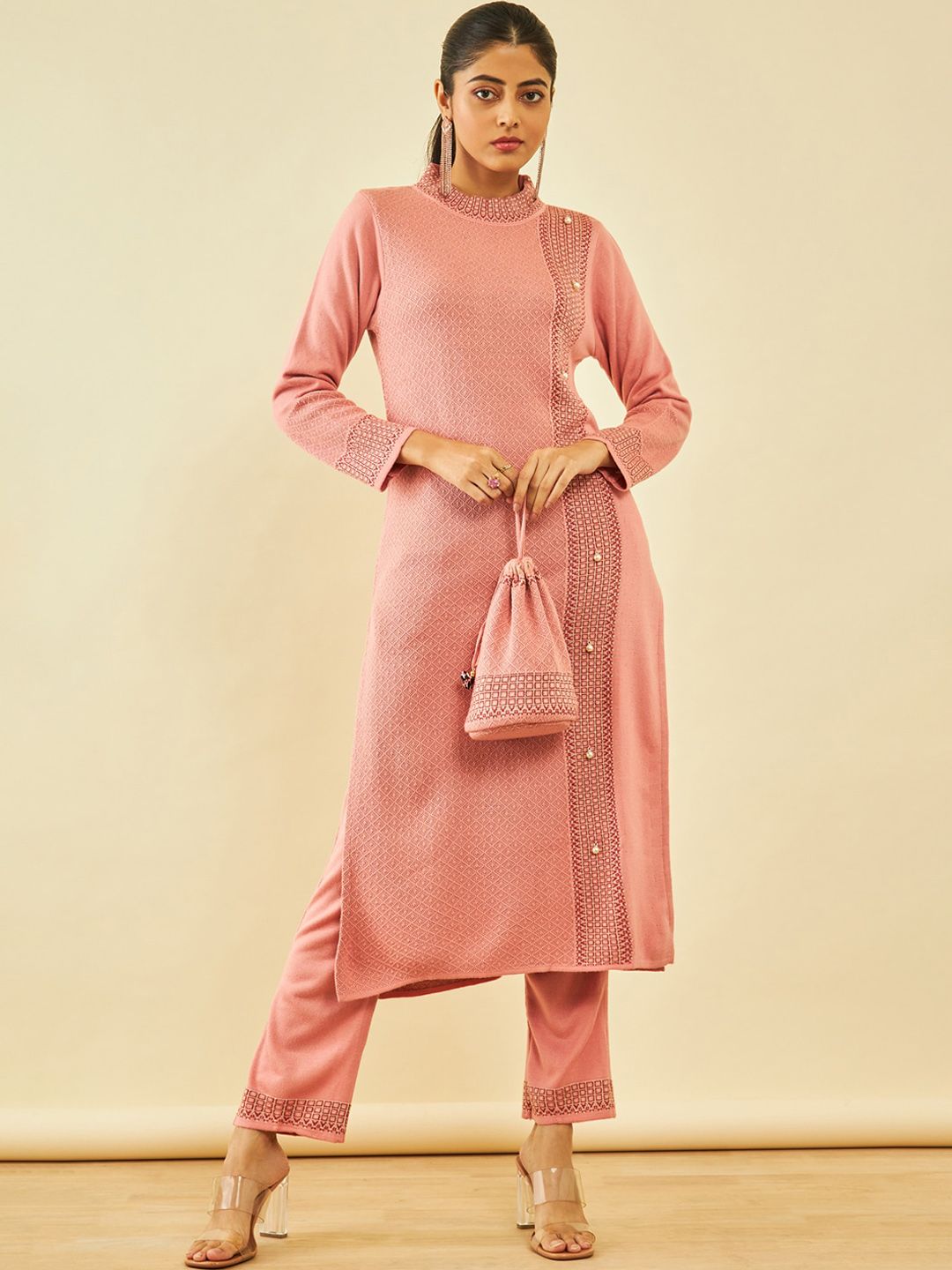Dhiyona SO Women's Pink Self Design Regular Straight Kurta & Trousers With Potli Bag