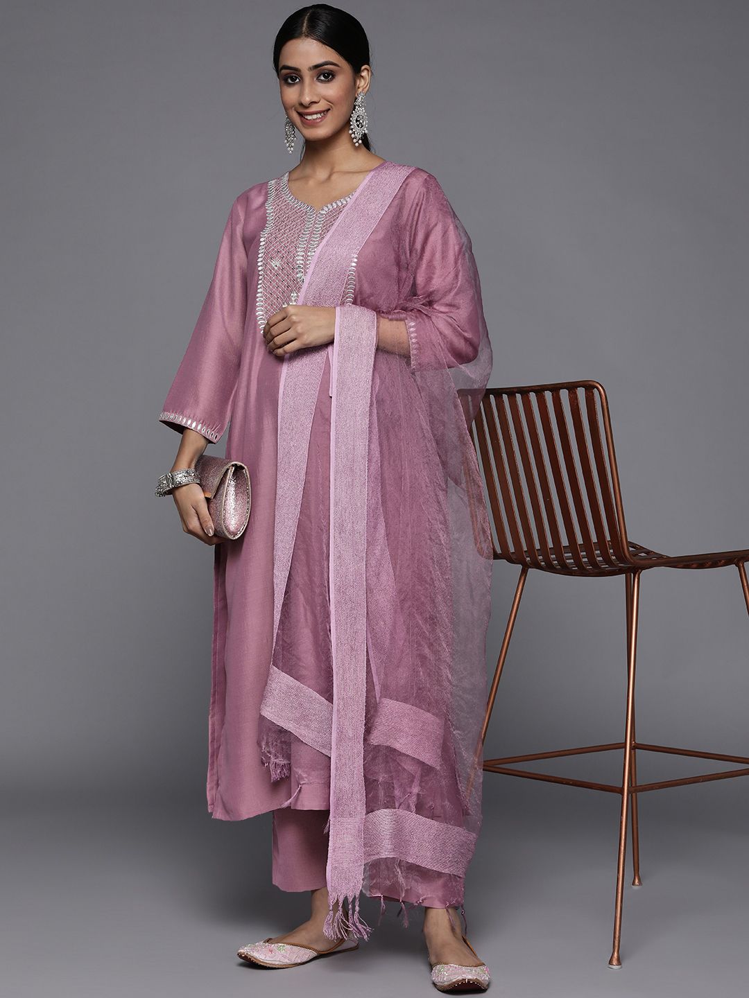 Dhiyona VA Women's Mauve Ethnic Motifs Embroidered Gotta Patti Kurta with Trousers & With Dupatta