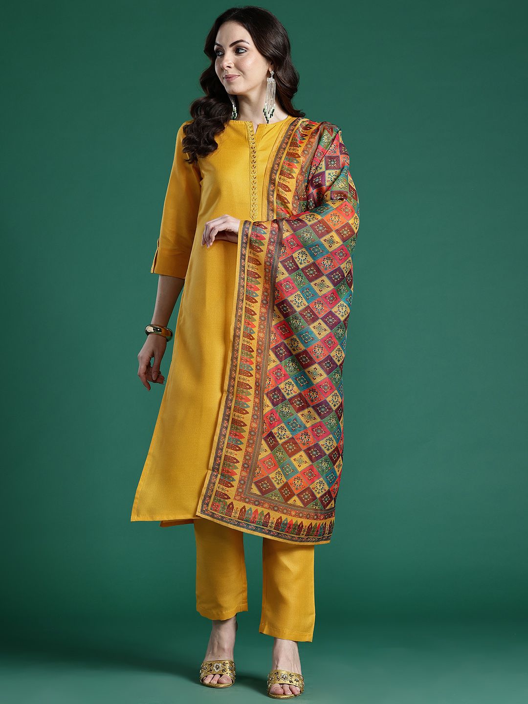 Ethnic Motifs Embroidered Regular Kurta with Trousers & Dupatta