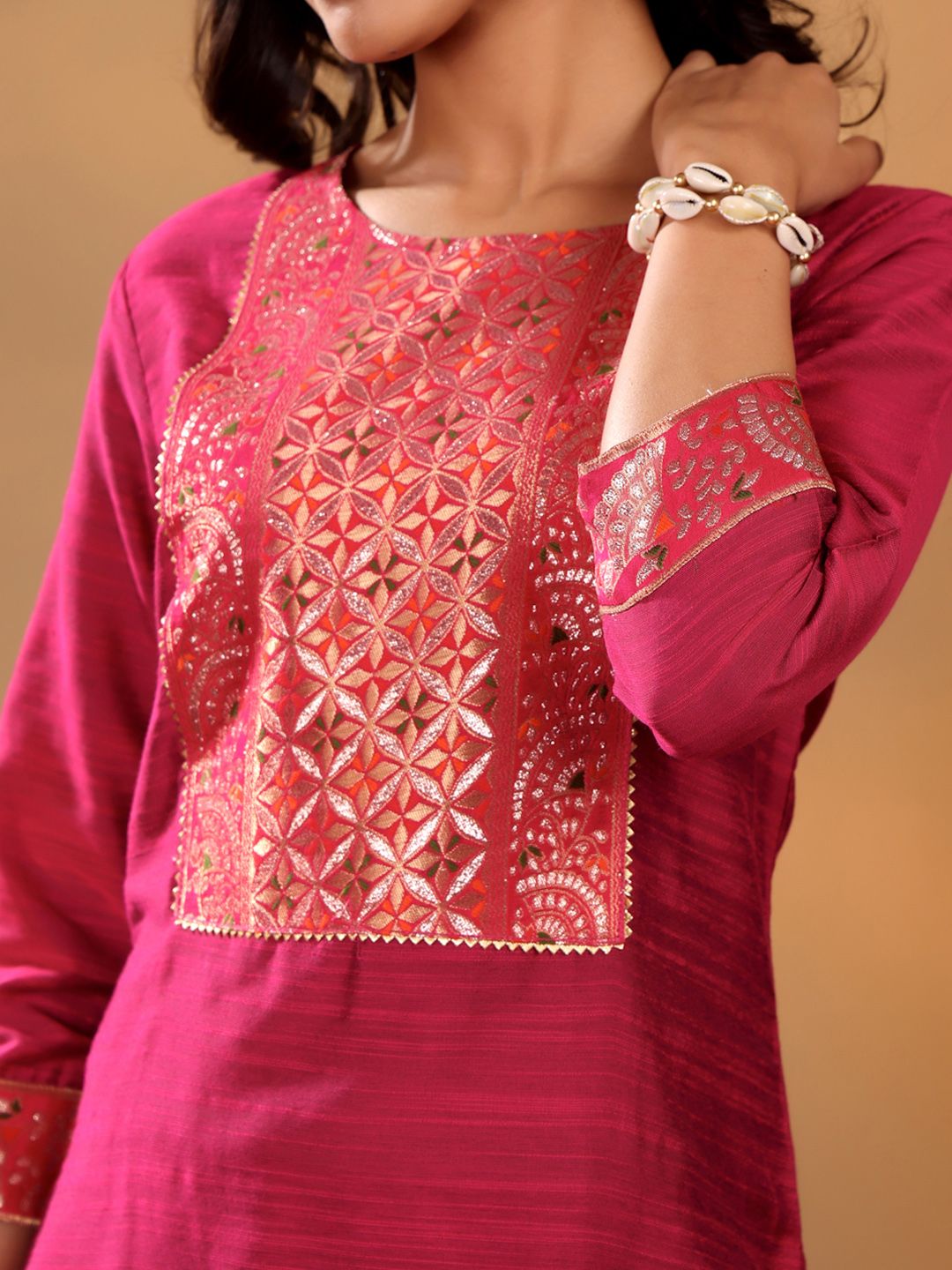 Dhiyona VA Women'sMagenta Floral Yoke Design Gotta Patti Kurta With Trouser & Dupatta