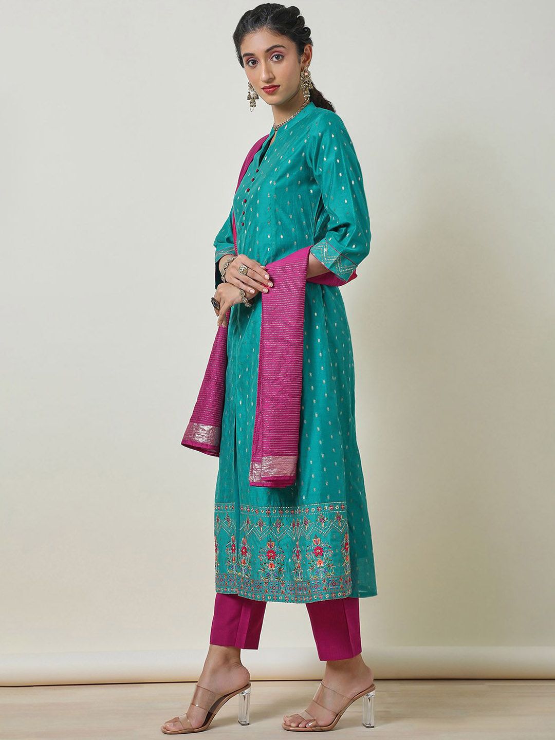Dhiyona SO Women's Alina Cut Woven Design Mandarin Collar Thread Work Chanderi Silk Kurta &Trouser & Dupatta