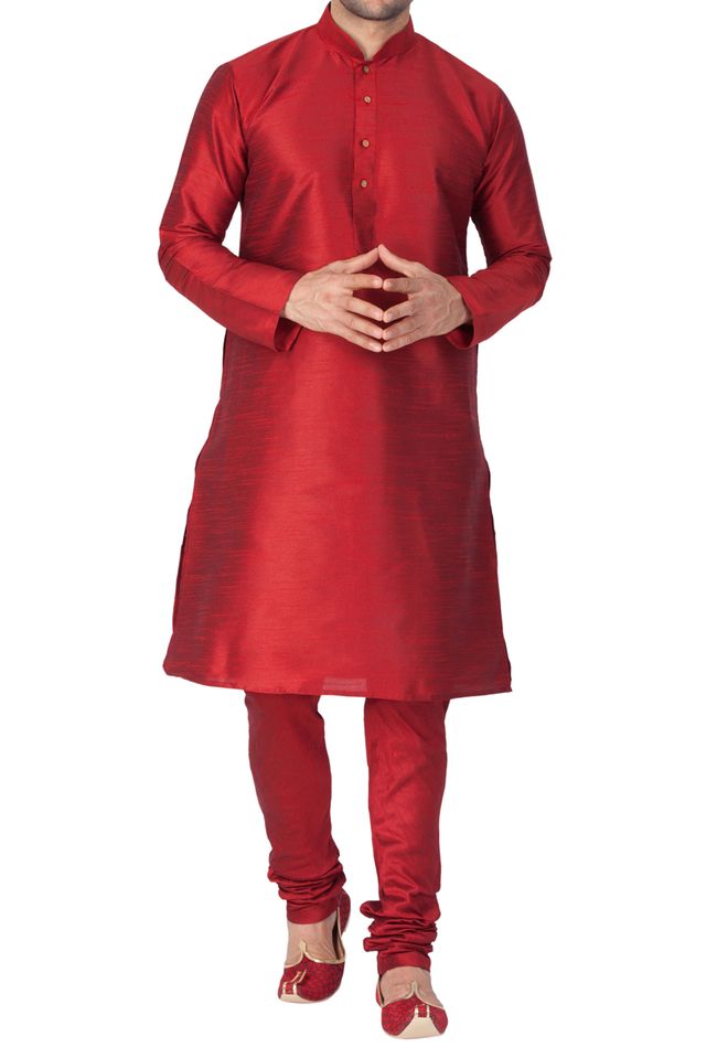 Men's Maroon Silk Blend Straight Kurta Pyjama Set