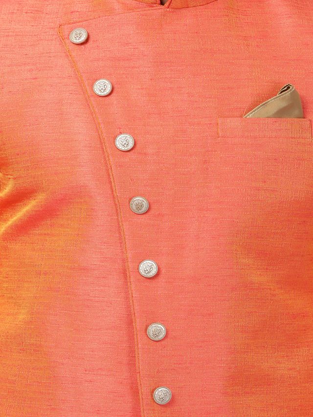 Men's Orange Silk Blend Straight Sherwani Set