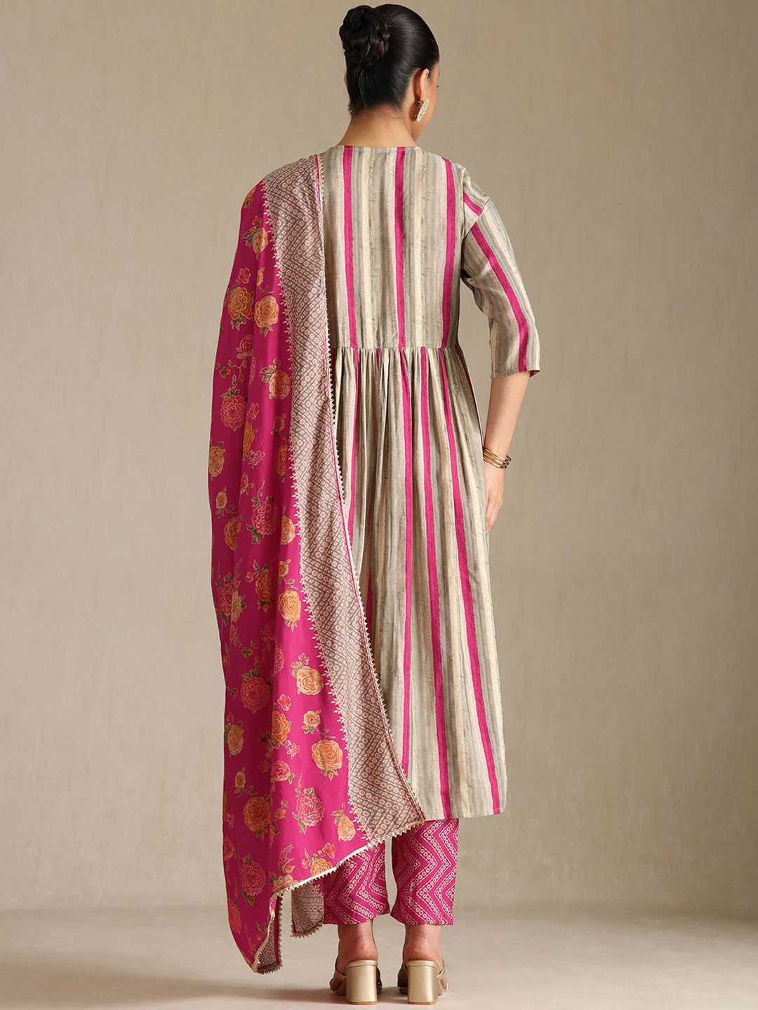 Dhiyona SO Women's Striped V-Neck Beads & Stones Empire Anarkali Kurta With Trousers & Dupatta