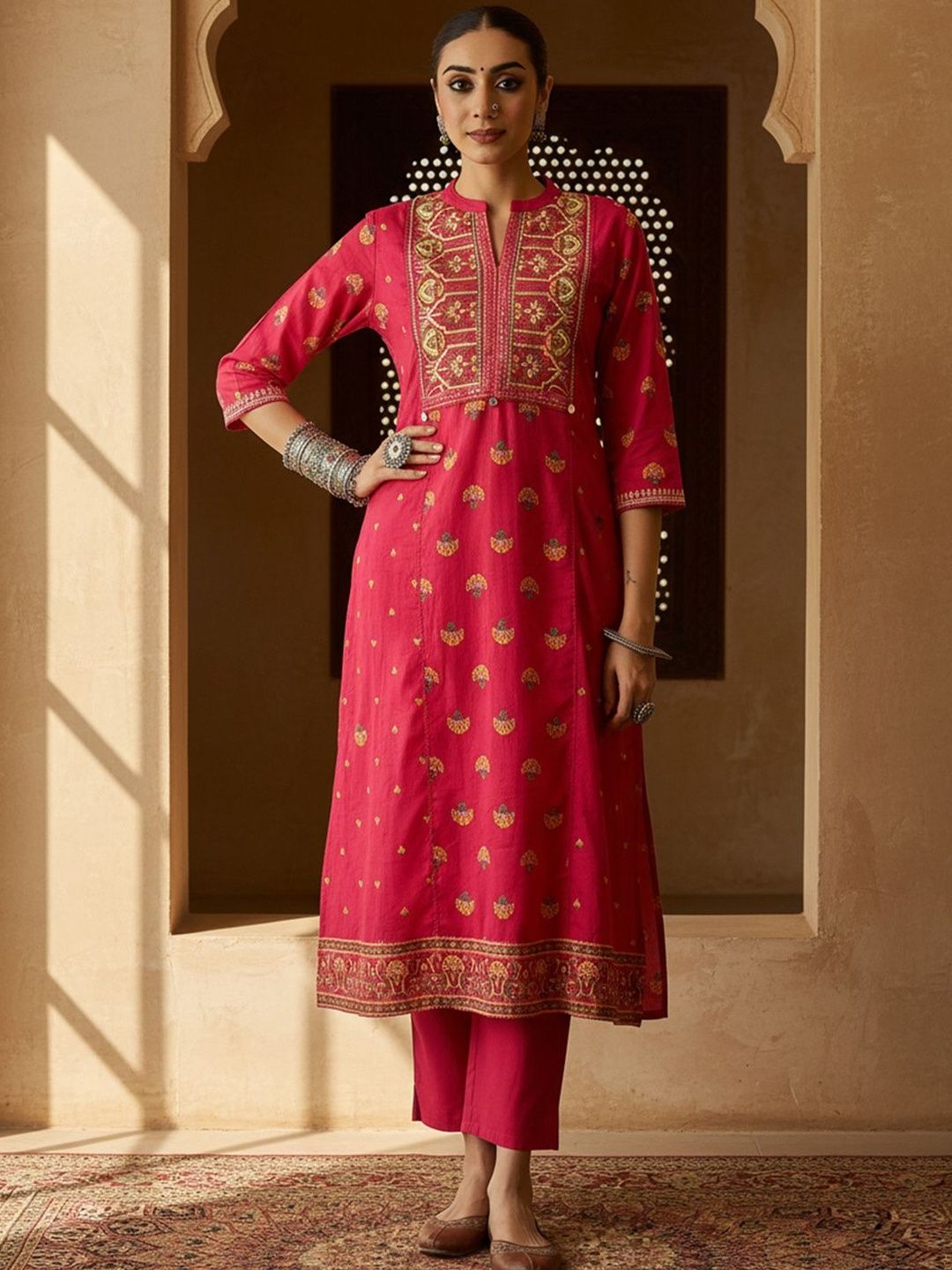 Ethnic Motifs Printed Thread Work Pure Cotton Straight Kurta with Trousers