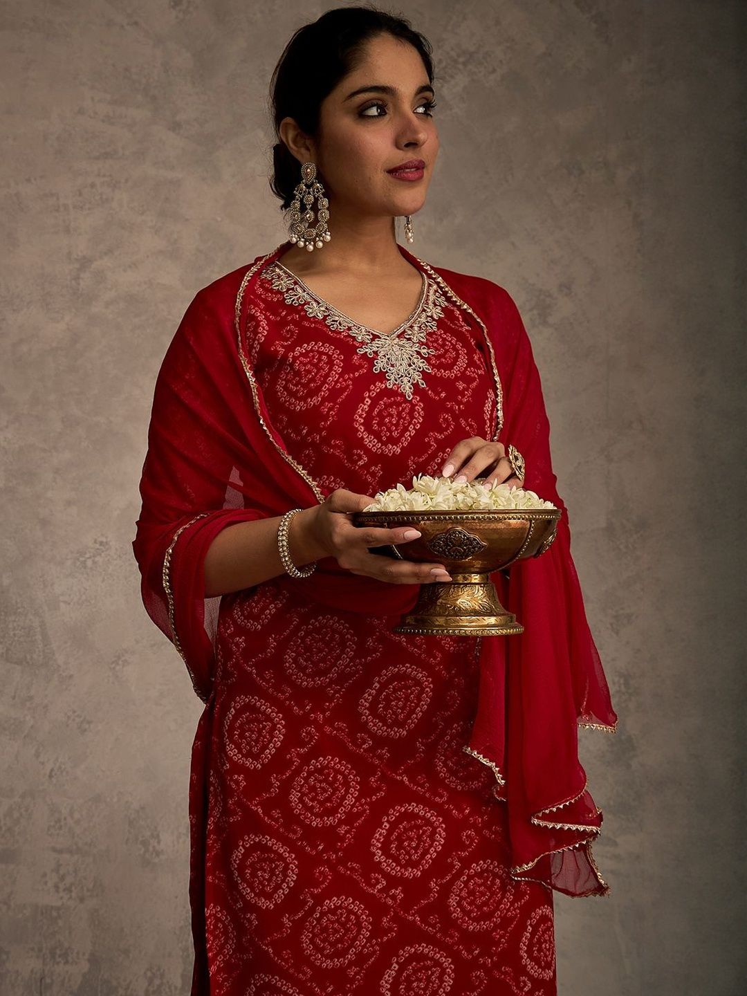 Bandhani Printed Straight Sequinned Work Kurta With Trousers & Dupatta