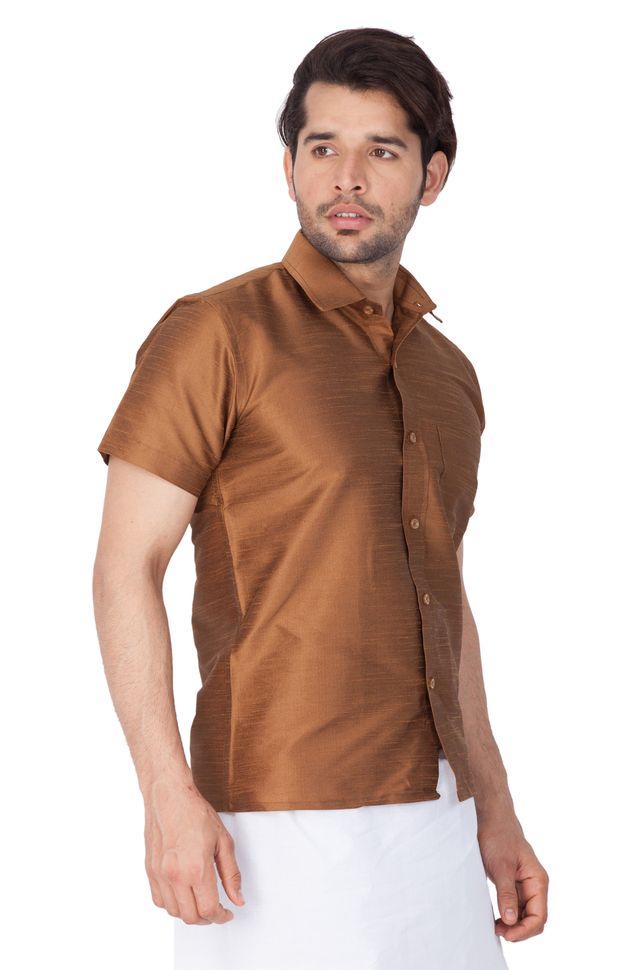Men's Coffee Silk Blend Straight Ethnic Shirt
