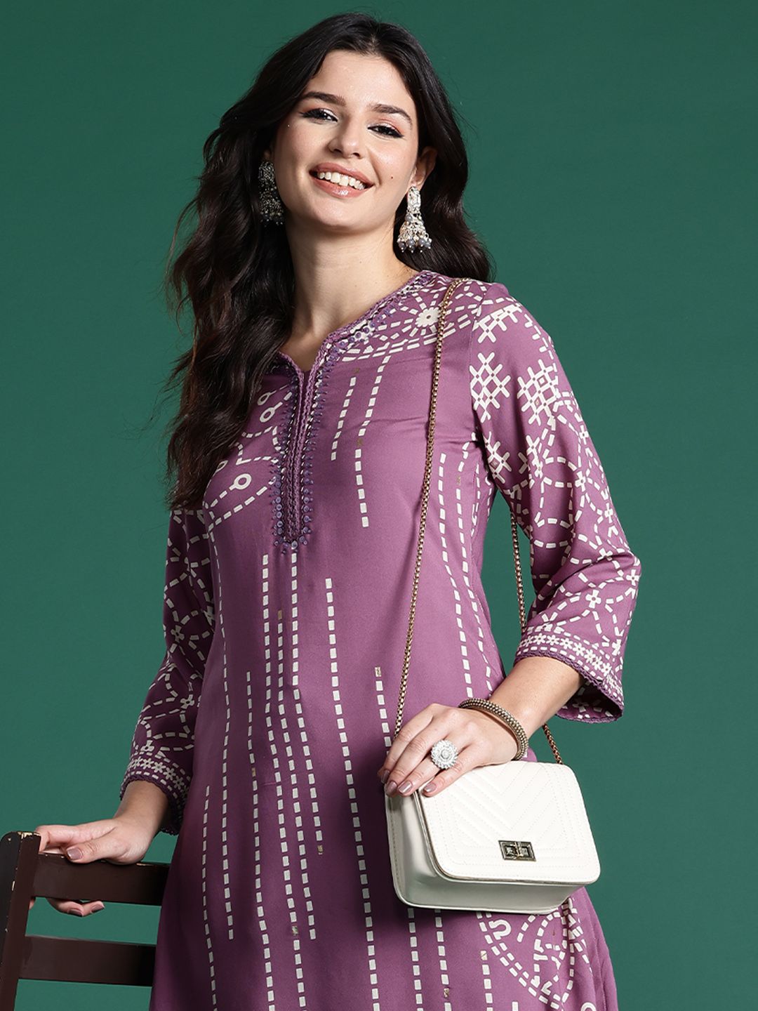 Dhiyona IE Printed Beads & Stones Kurta with Palazzos