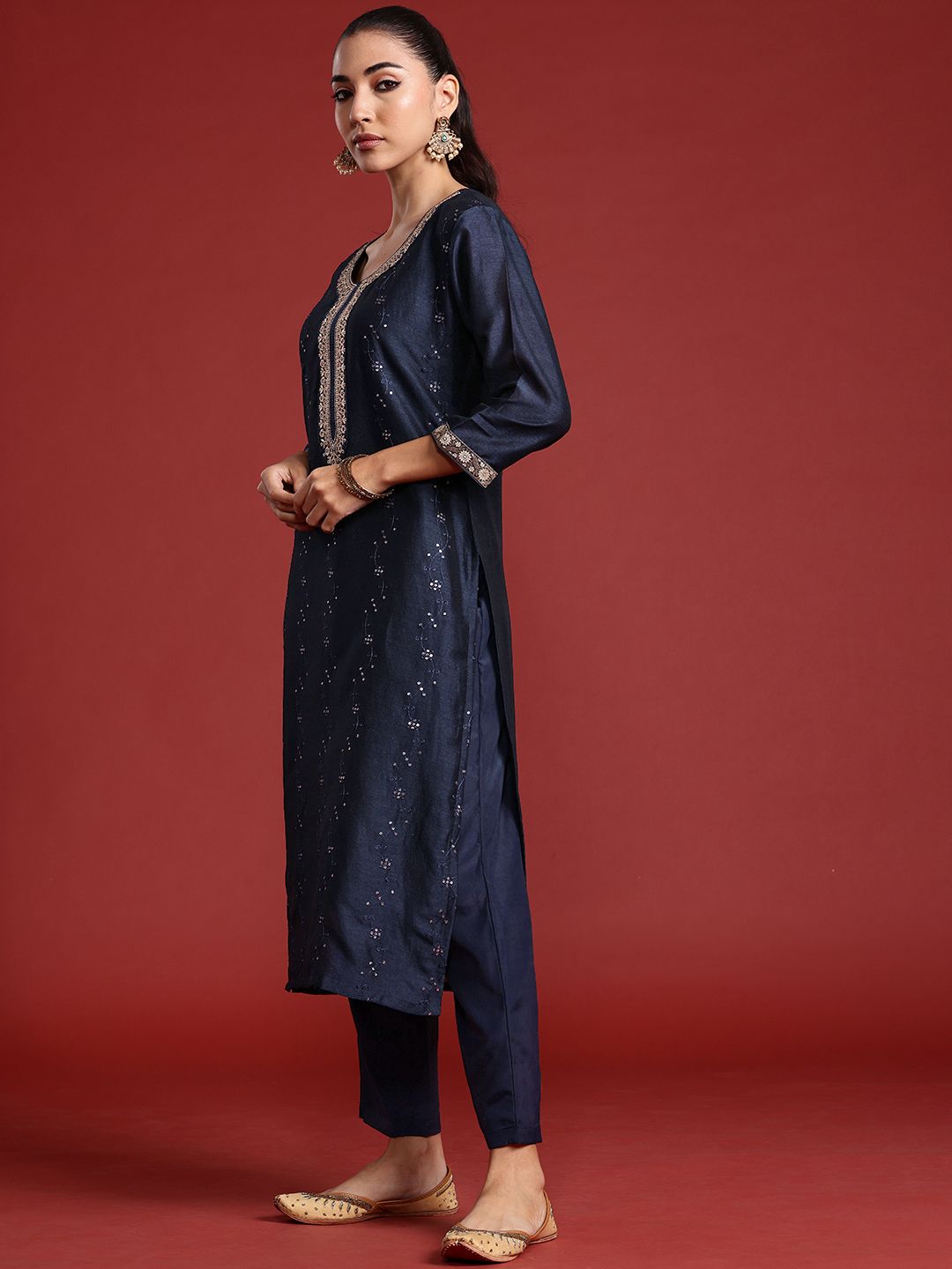 Dhiyona IE Floral Embroidered Sequinned Kurta With Trousers & Dupatta