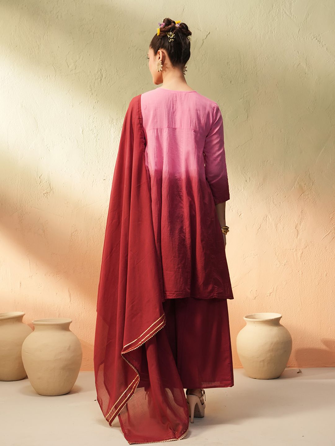 Dhiyona IS Women's Women Ombre Embroidered Regular Thread Work Pure Cotton Kurta with Palazzos & With Dupatta