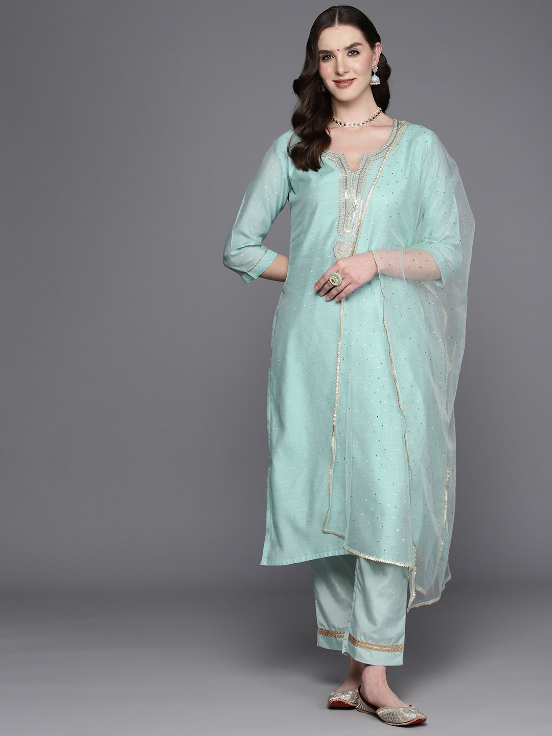 Dhiyona IE Embroidered Regular Sequinned Chanderi Silk Kurta with Trousers & Dupatta
