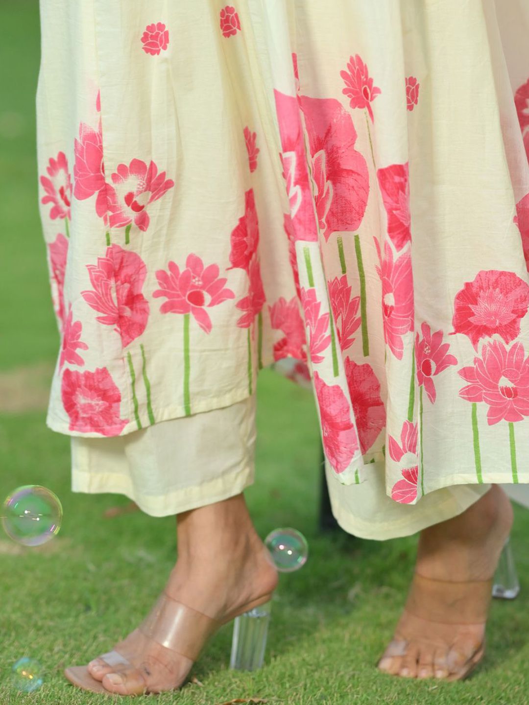 Floral Printed Pure Cotton Anarkali Kurta With Trousers & Dupatta