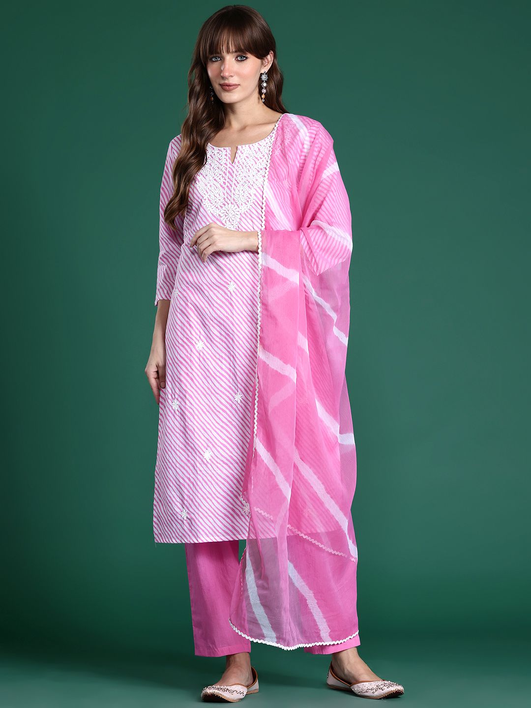 Floral Embroidered Regular Thread Work Pure Cotton Kurta with Trousers & Dupatta