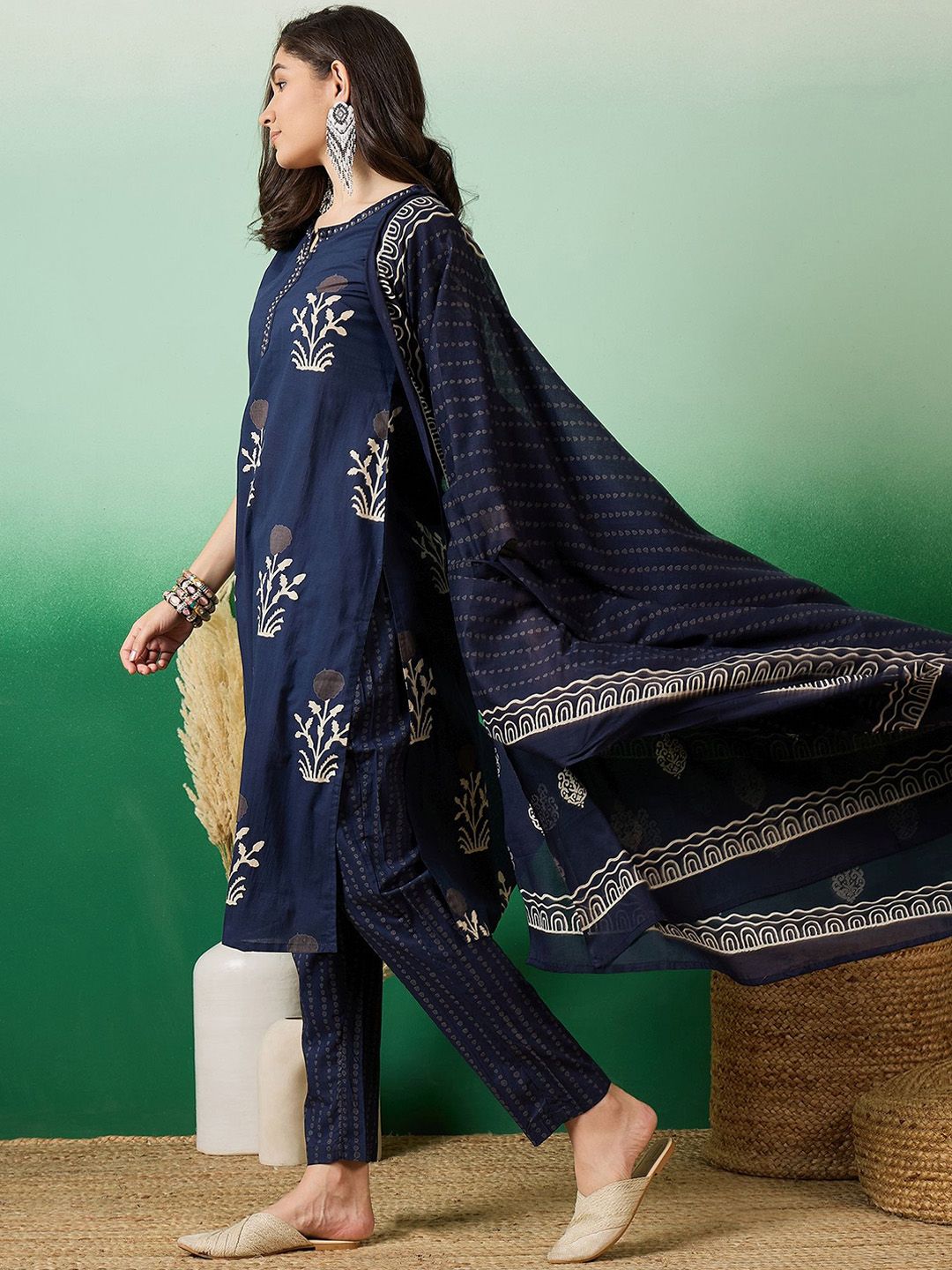 Dhiyona SN Women's Notch Neck Printed Pure Cotton Kurta With Trousers & Dupatta