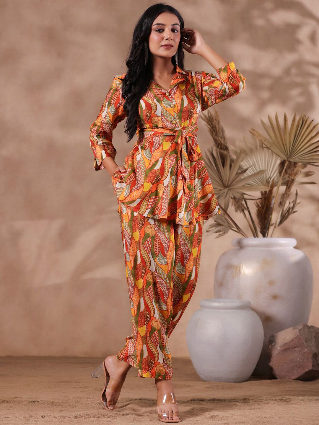 Dhiyona IS Women's Ethnic Printed Shirt Collar A-Line Kurta With Trouser